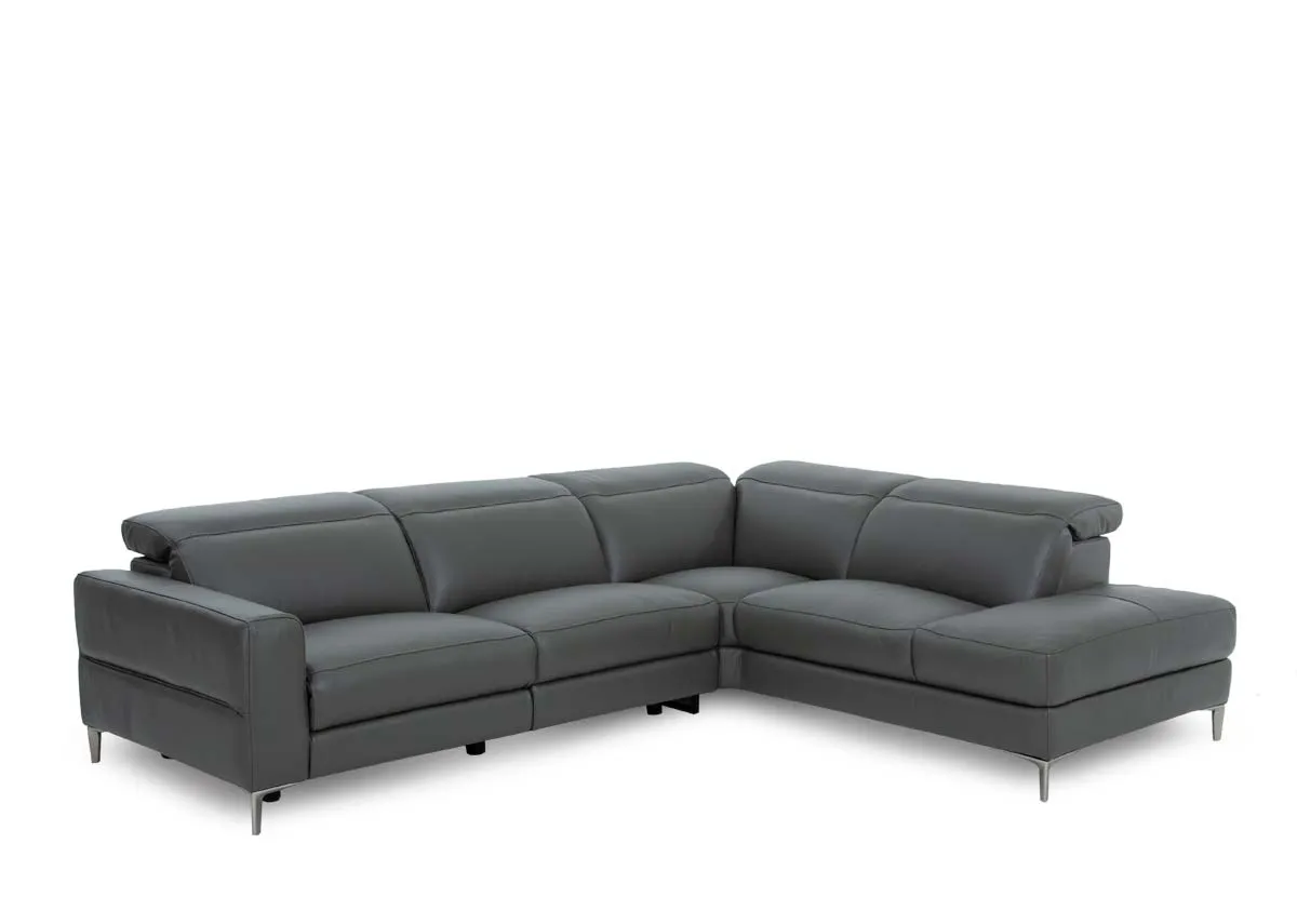 A grey leather electric reclining corner chaise from EZ Livings Vancouver range. Angled view