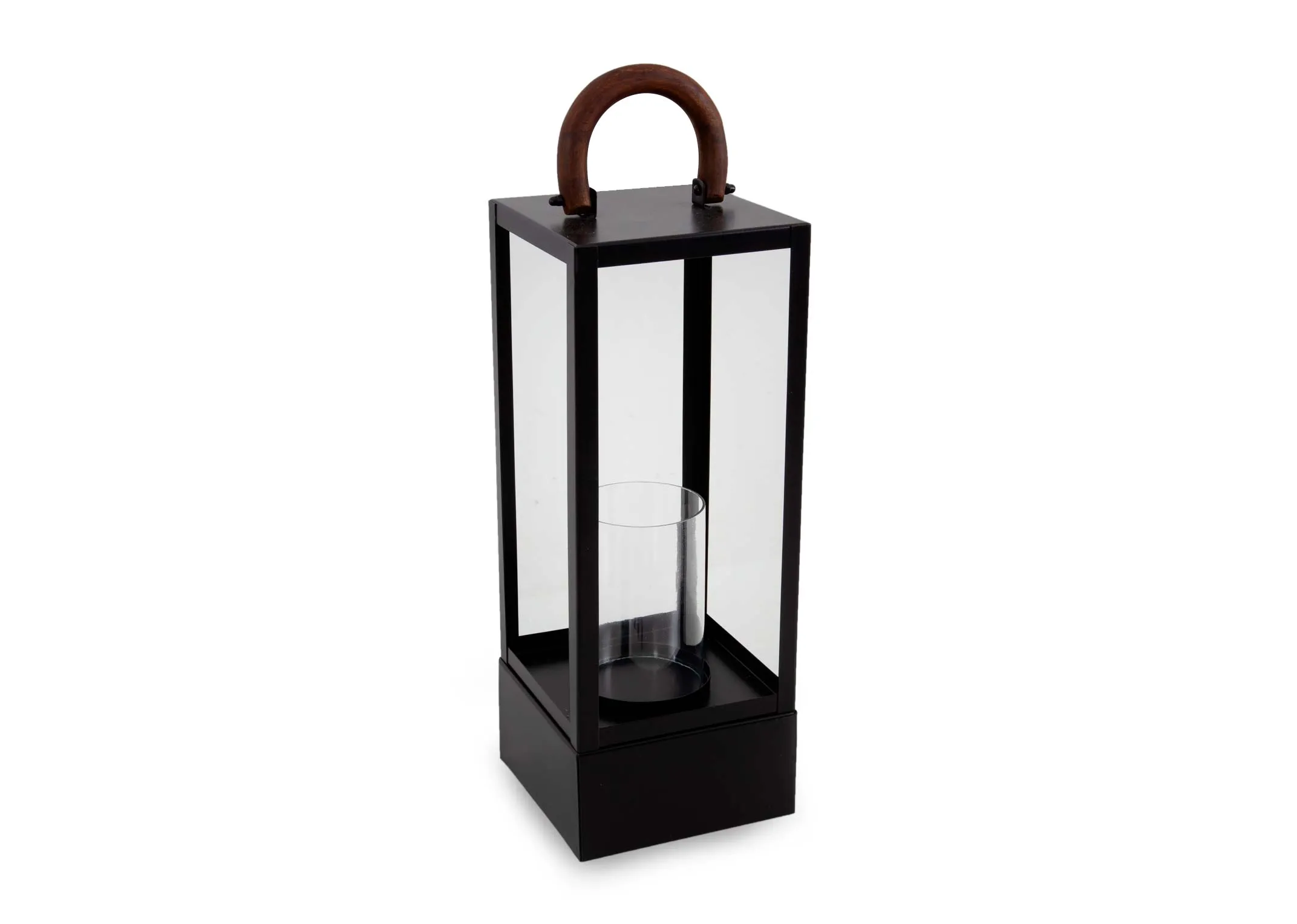 A small black lantern with wood handle and glass insert from EZ Livings Candle Holder range. Angled view of glass doors and wood handle.