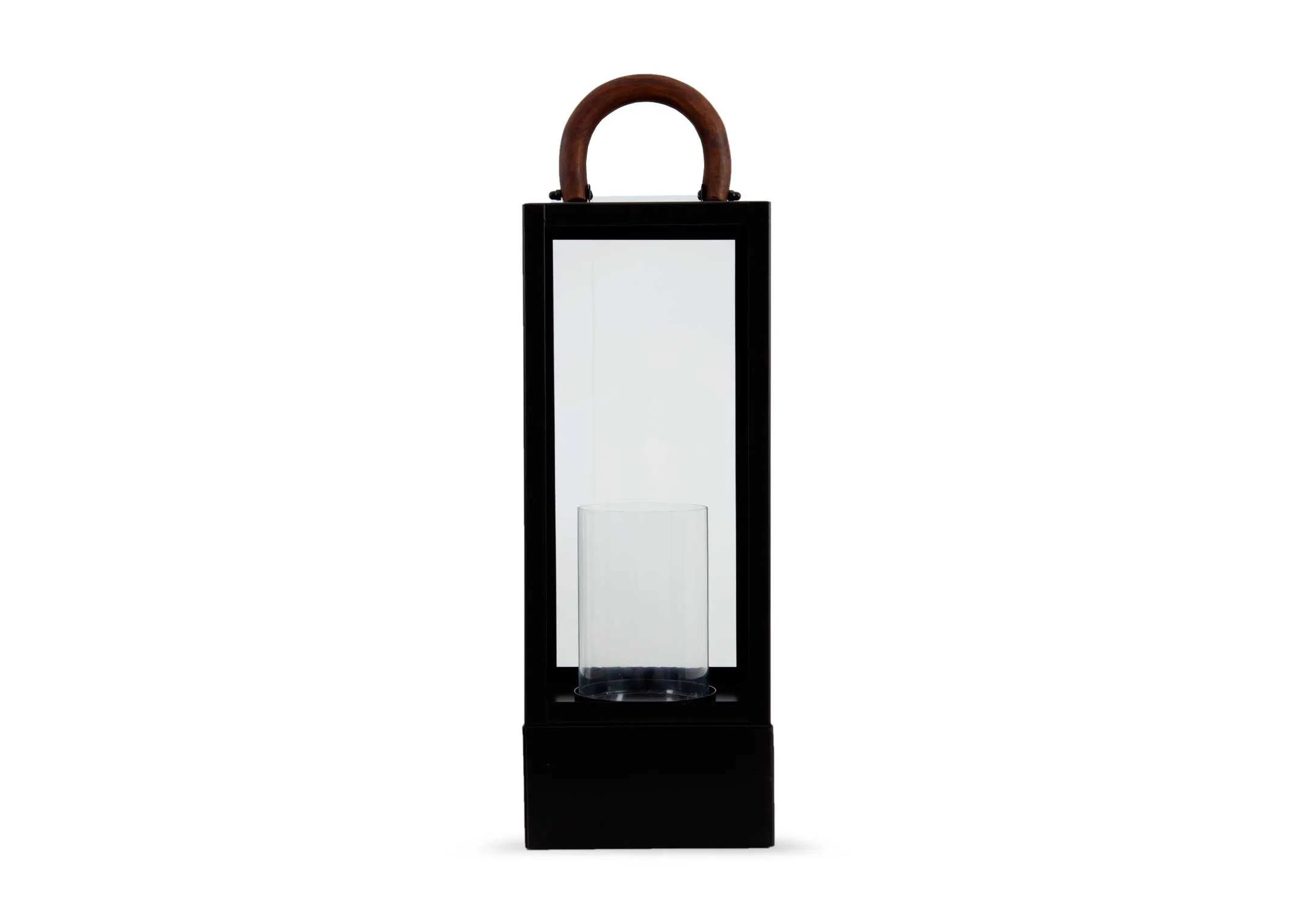 A small black lantern with wood handle and glass insert from EZ Livings Candle Holder range. Front view