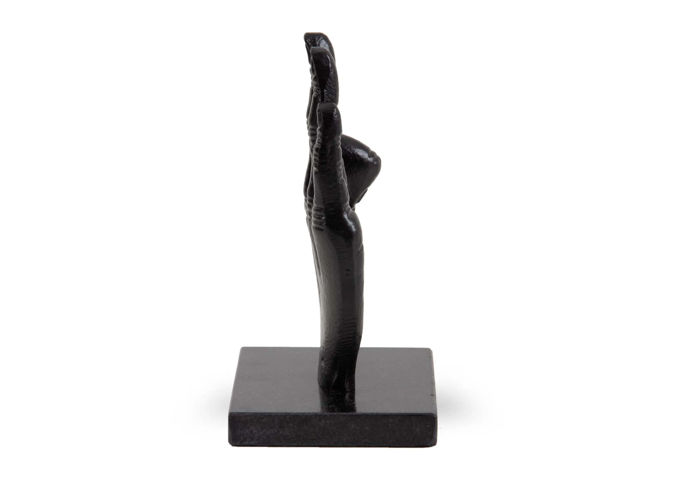 A black marble hand ornament in 3 finger pose from EZ Livings Ornaments range. Side view of detail on fingers