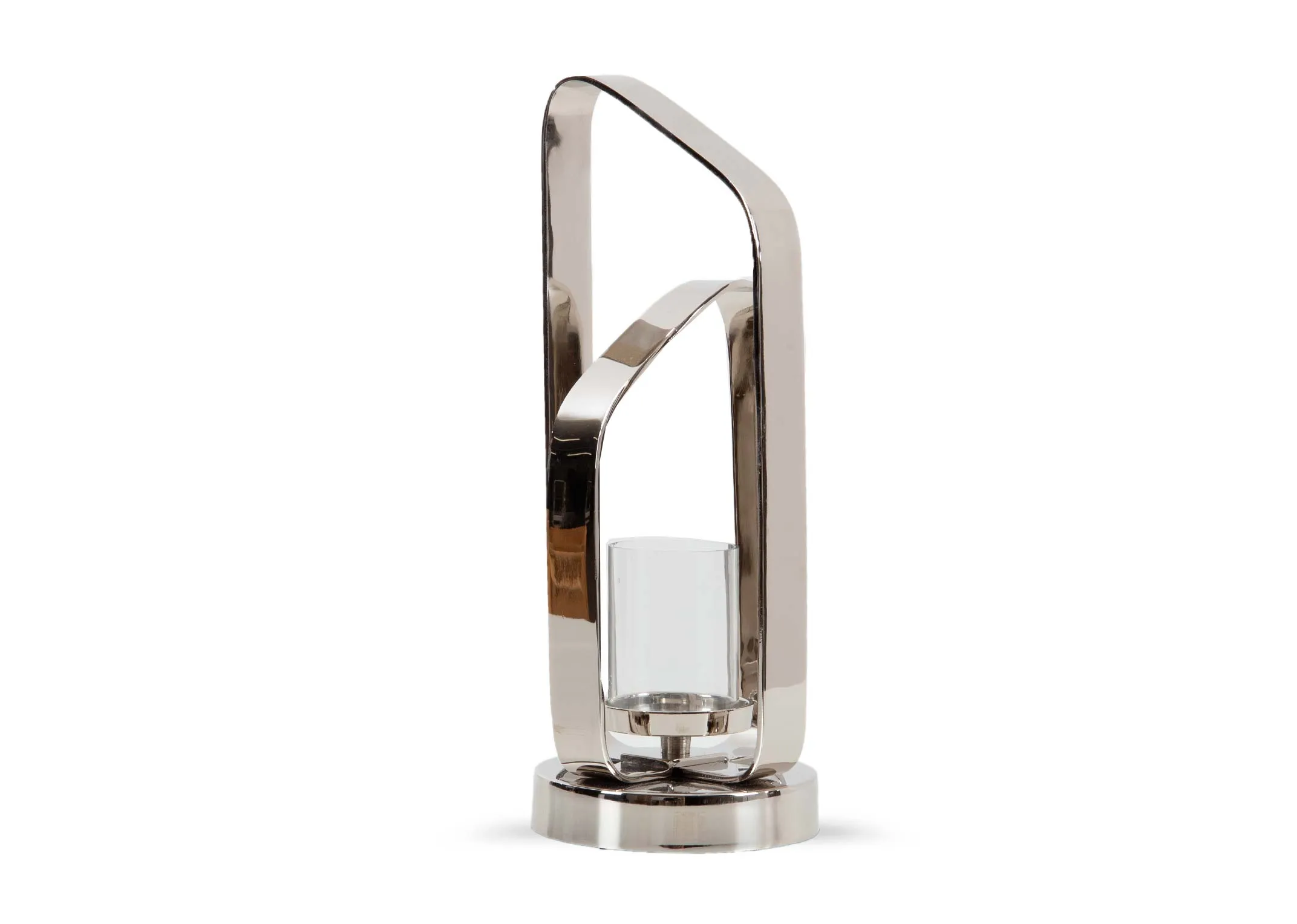 A silver metal lantern with glass cylinder for candle from EZ Livings Hurricane range. Angled view