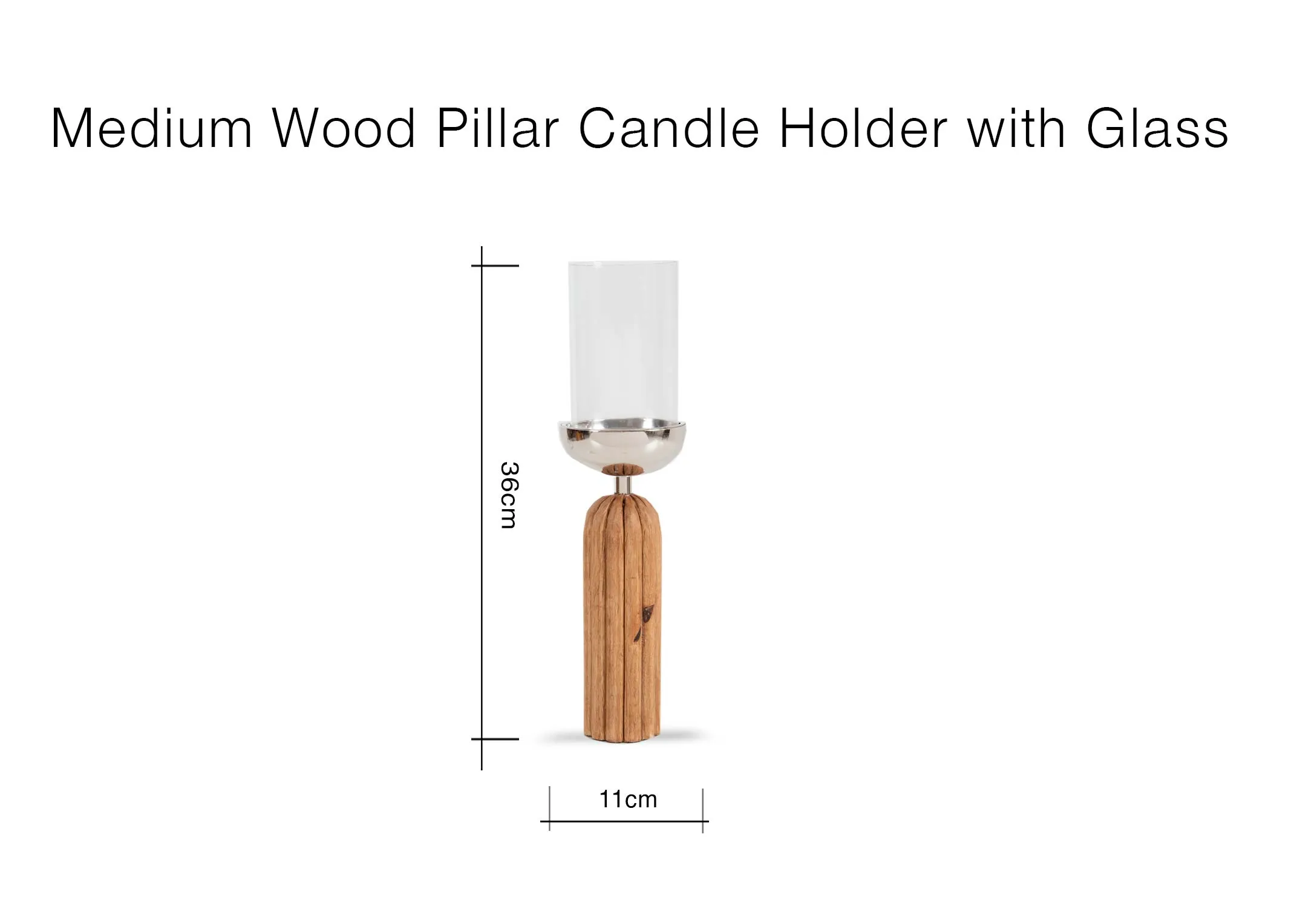 A dimension image of the Medium Wood Pillar Candle Holder with 11cm x 36cm