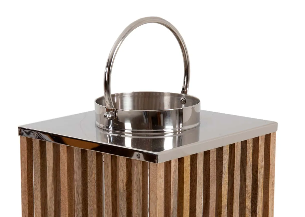 A small wooden lantern box with silver top & handle from EZ Livings Candleholder range. Closeup of steel handle.