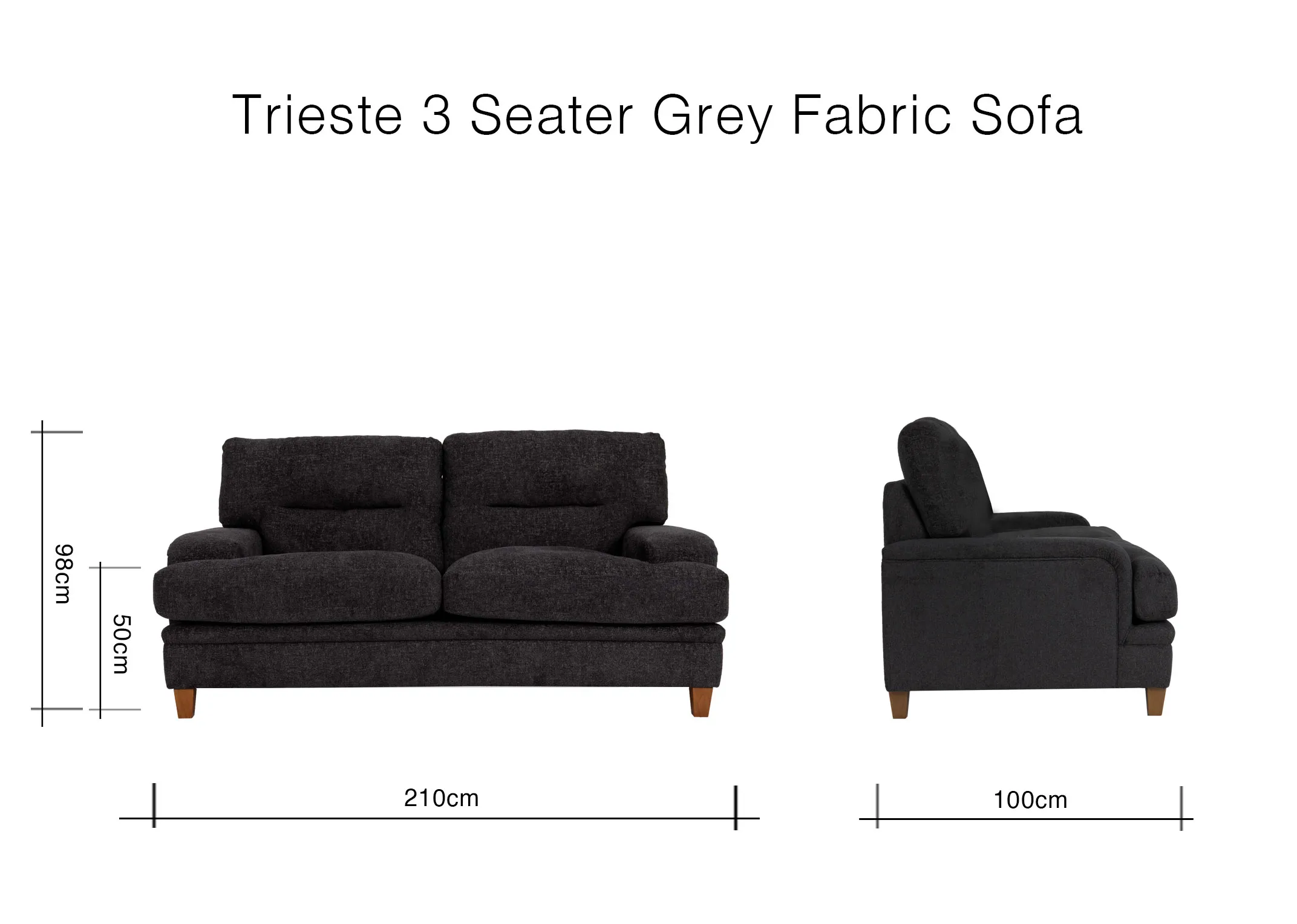 A dimension image of the Trieste 3 Seater Sofa with 210cm x 100cm x 98cm x 50cm
