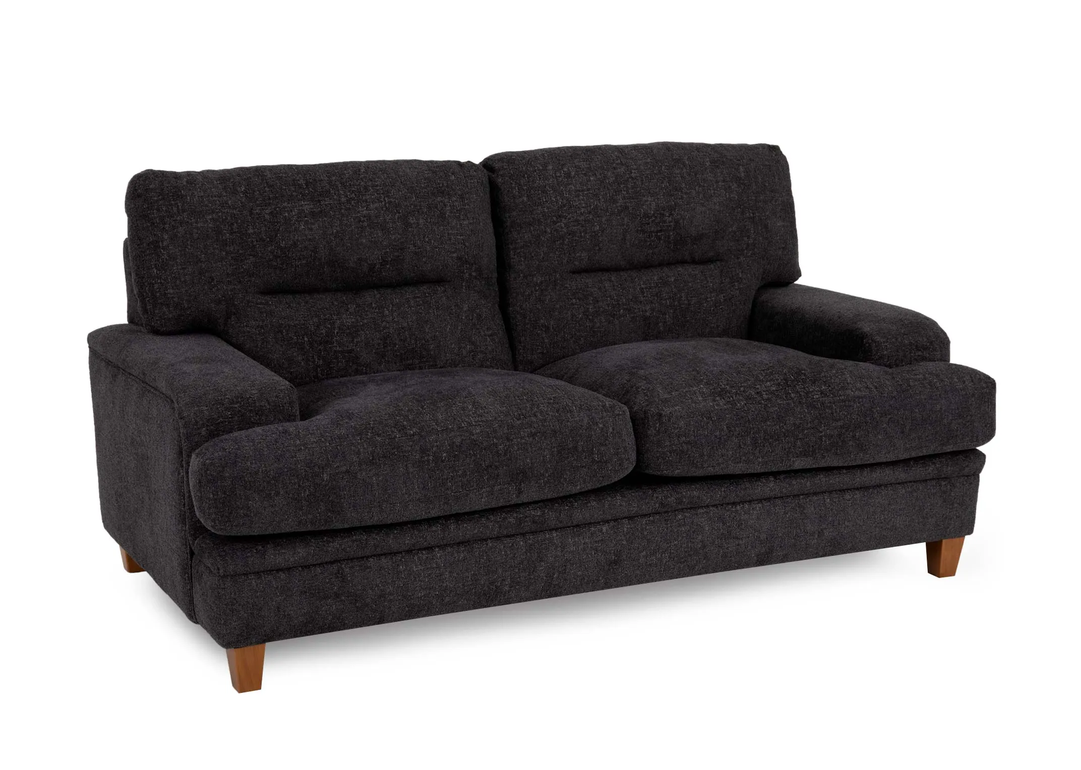 A 2 seater grey fabric sofa from EZ Livings Trieste range. Angled view of seamed detail on seat back cushions.