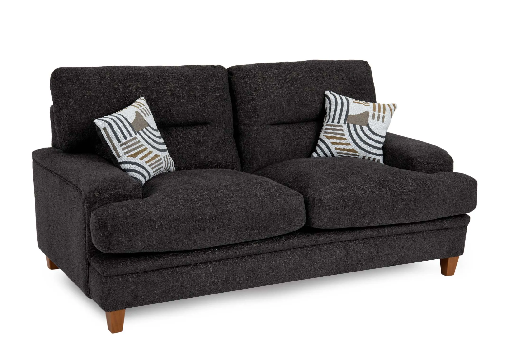 A 2 seater grey fabric sofa from EZ Livings Trieste range. Angled view of dark grey sofa with 2 white and grey scatters.