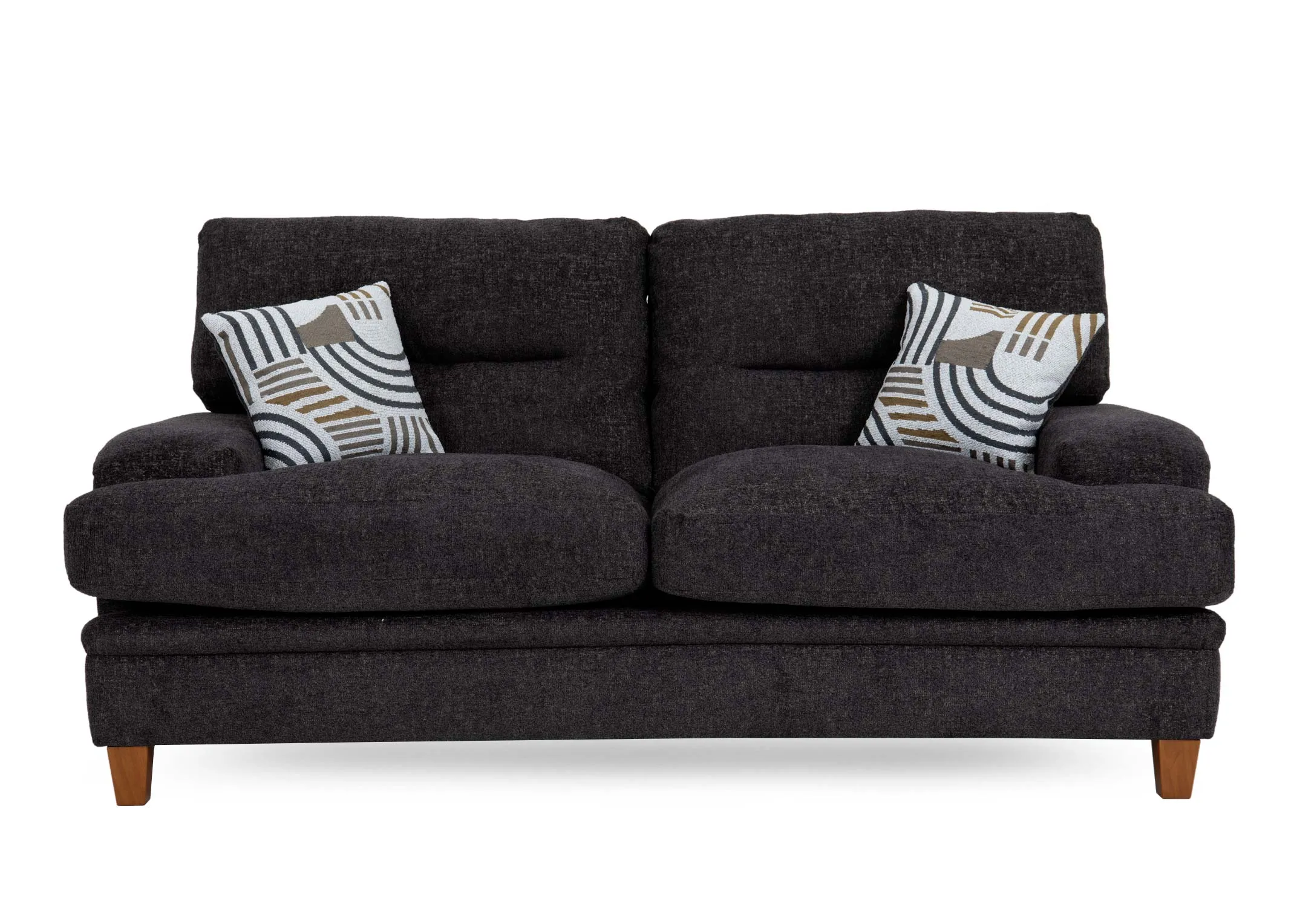 A 2 seater grey fabric sofa from EZ Livings Trieste range. Front view of thick foam padding in seat cushions.
