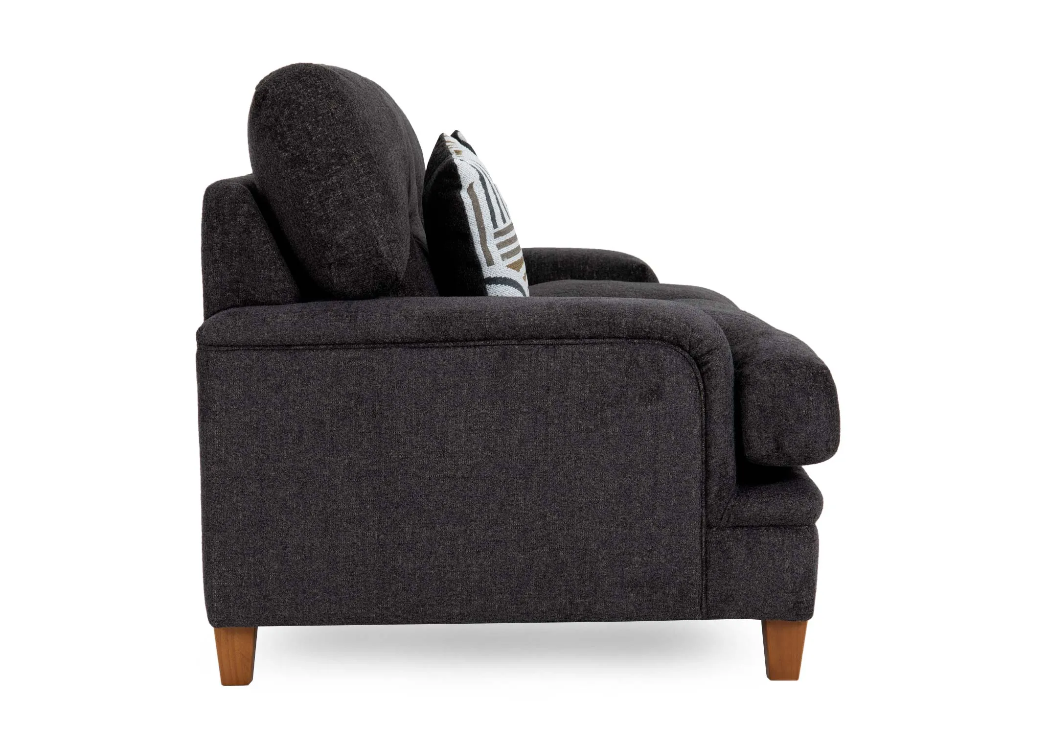 A 2 seater grey fabric sofa from EZ Livings Trieste range. Side view of oak short feet.