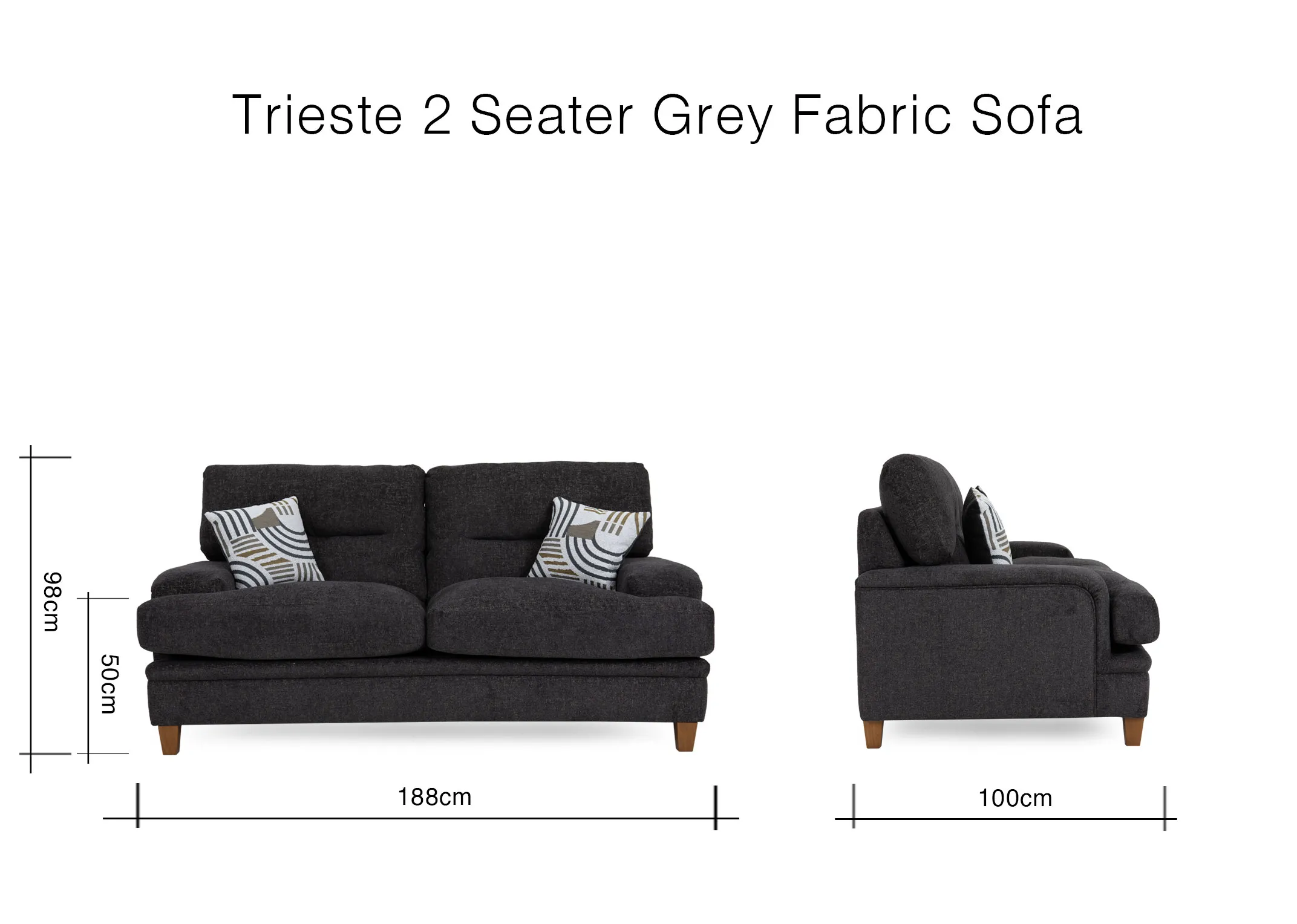 A dimension image of the Trieste 2 Seater sofa with 188cm x 100cm x 98cmm x