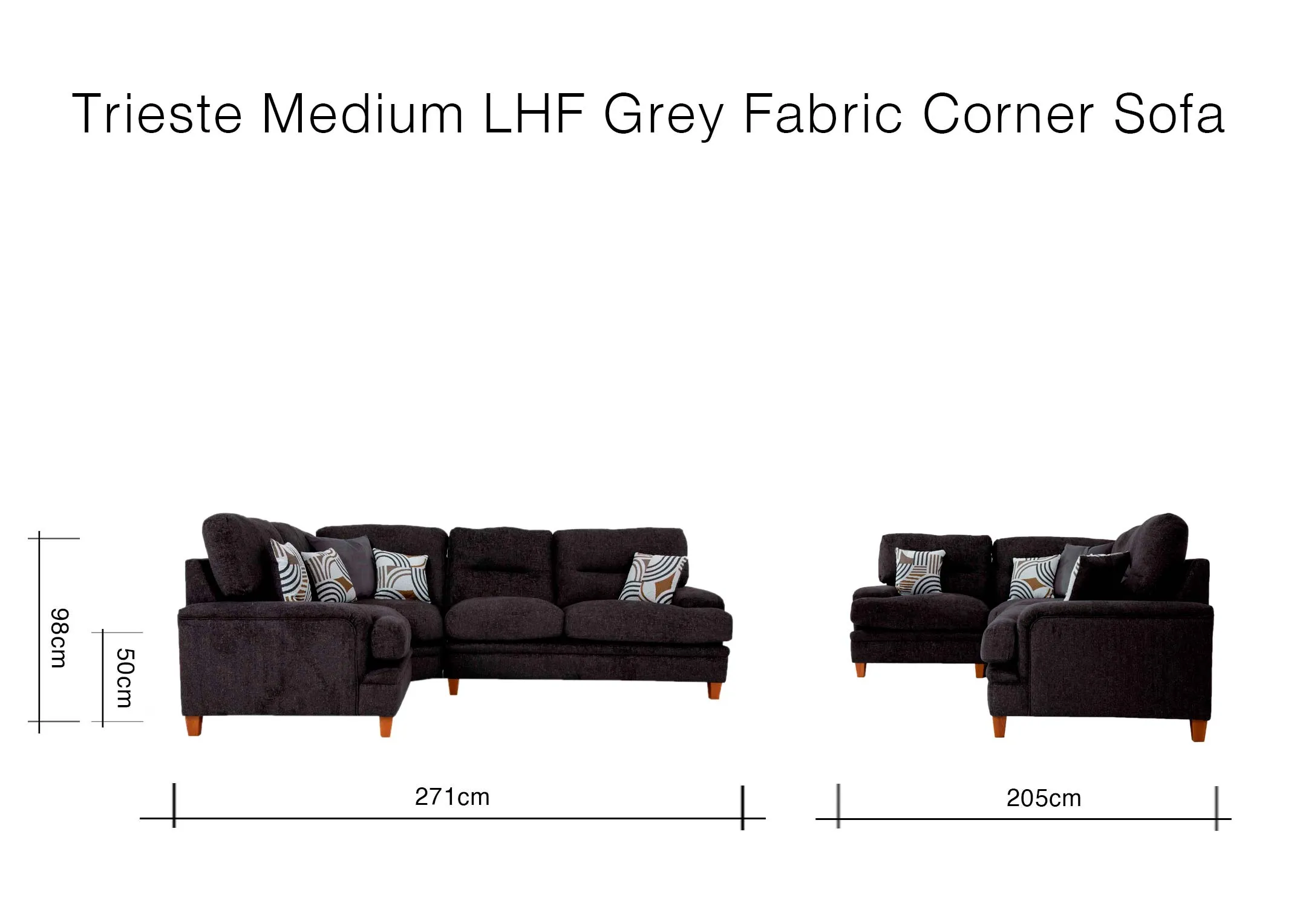 A dimension image of the Trieste Medium Corner sofa with 271cm x 205cm x 98cm
