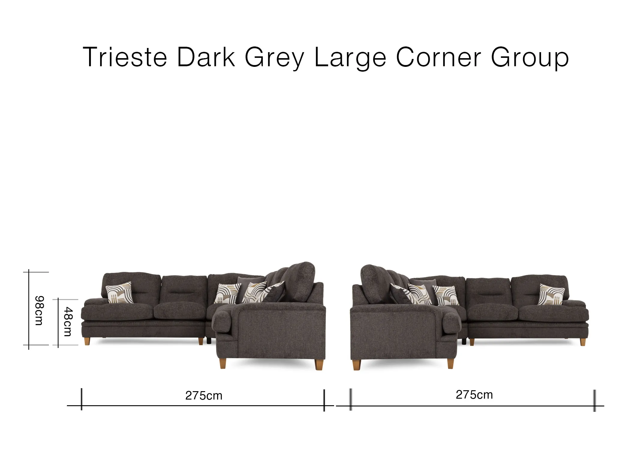 A dimension image of the Trieste Corner sofa with 275cm x 275cm x 98cm 