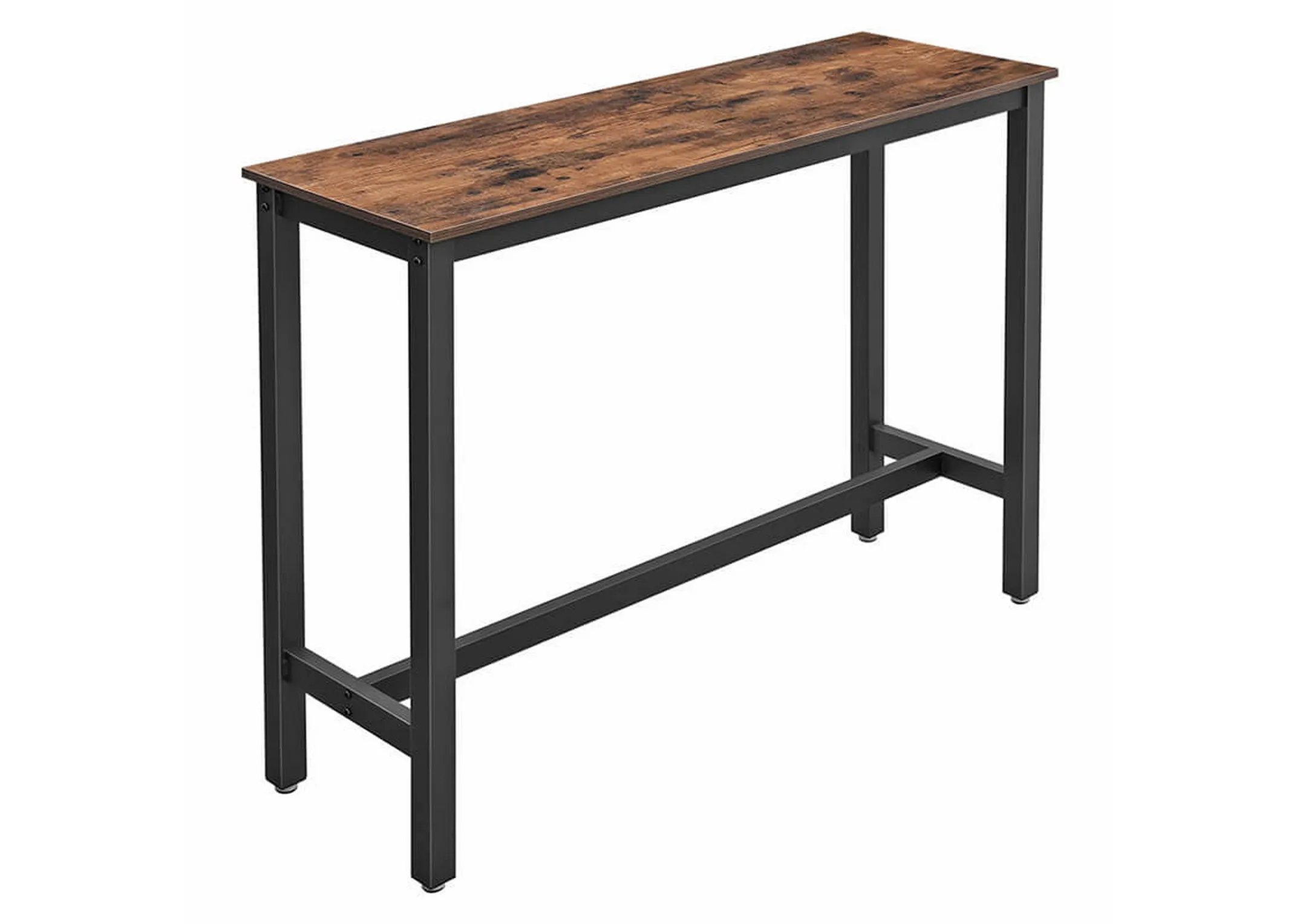 A black metal frame bar table with rustic wood table top from EZ Livings Bourbon range. Angled view of metal footrest under table