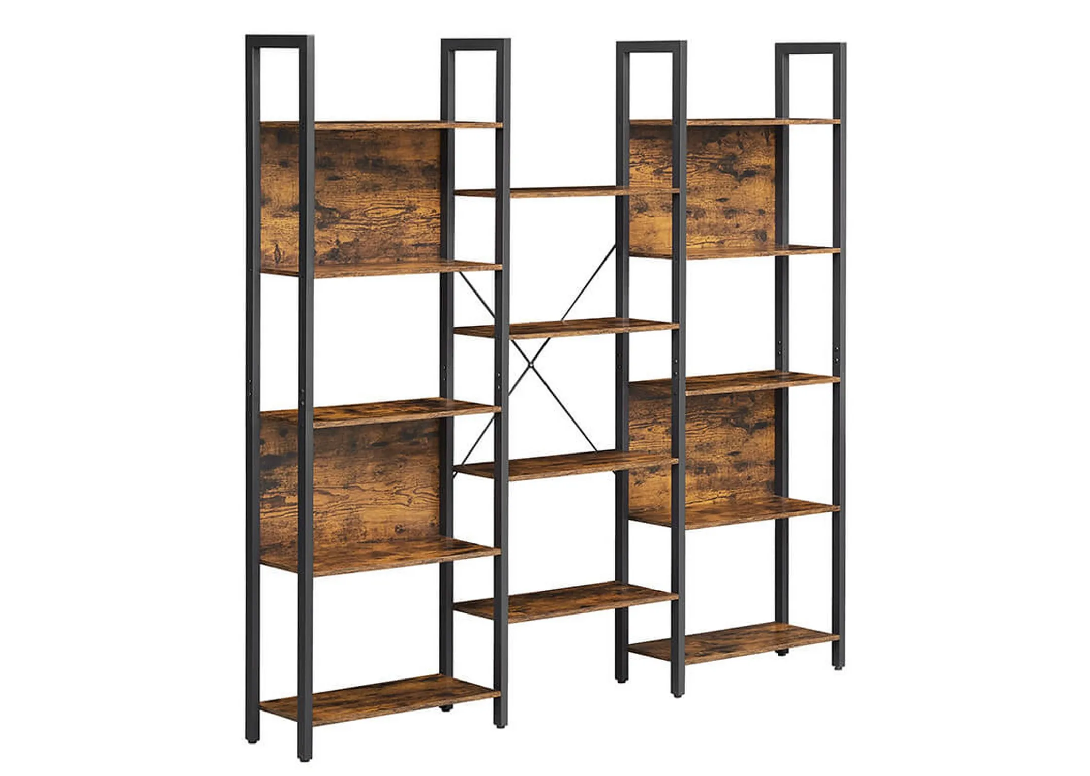 A black framed stand with 2 duplicate wood shelf units on either side of a 4 tier display unit from EZ Livings Bourbon range. Angled view.