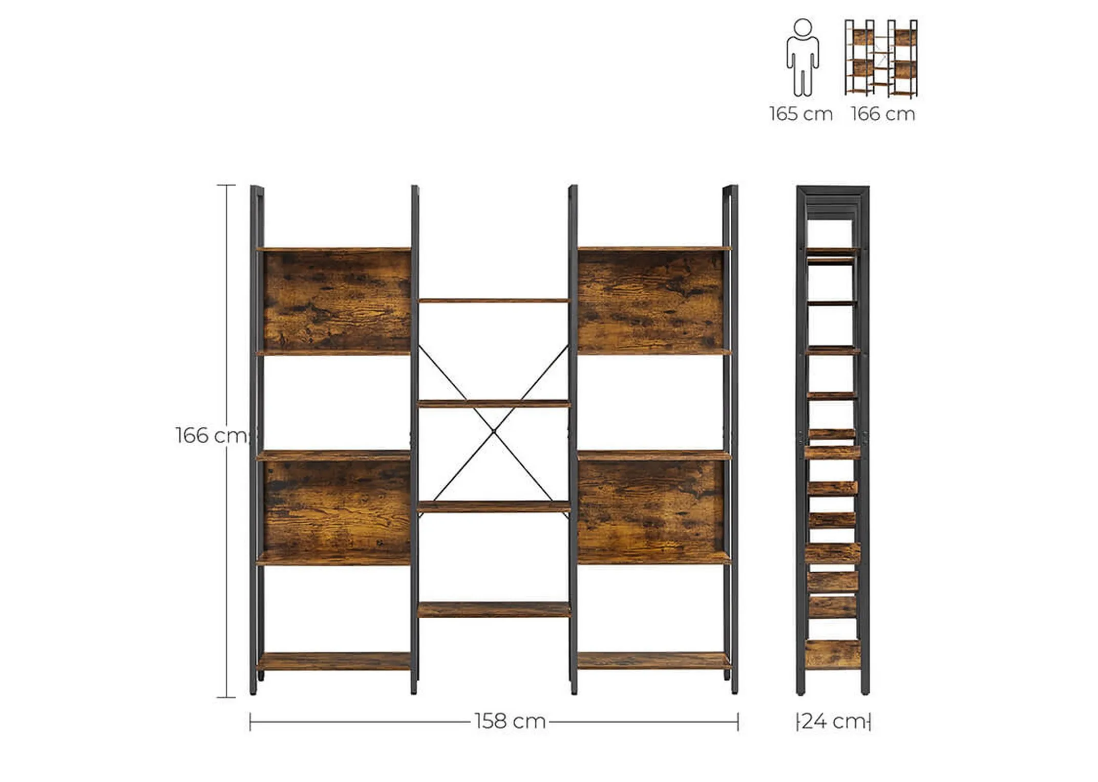 A dimension image of the Bourbon Display Unit with 158cm x 24cm x 166cm