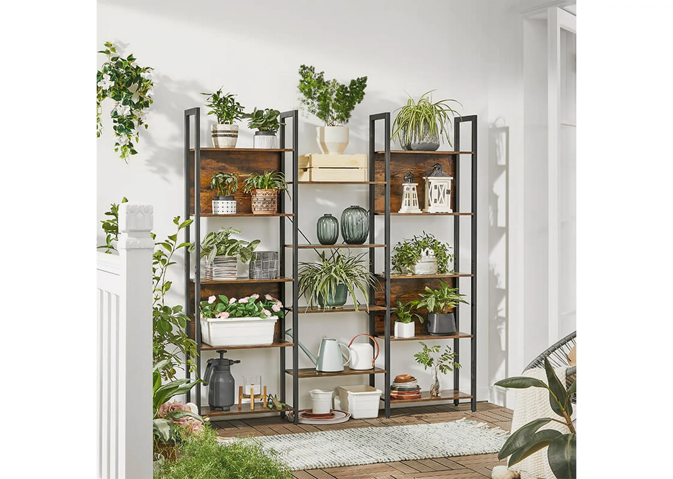 A lifestyle image of the Bourbon display unit with all shelves filled with plants and holders.
