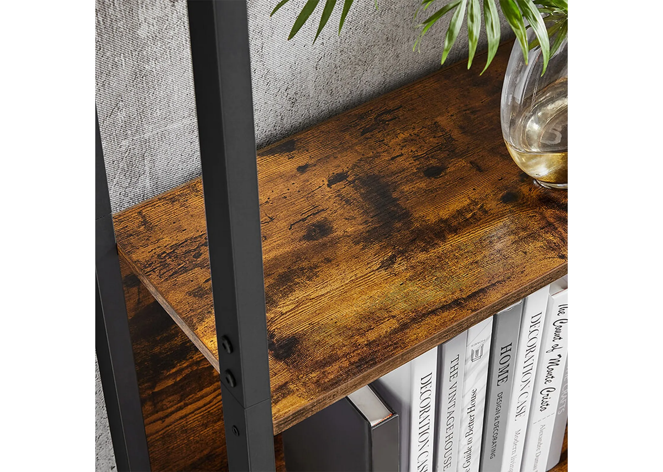 A black framed stand with 2 duplicate wood shelf units on either side of a 4 tier display unit from EZ Livings Bourbon range. cLOSEUP OF WOOD FINISH ON SHELVES