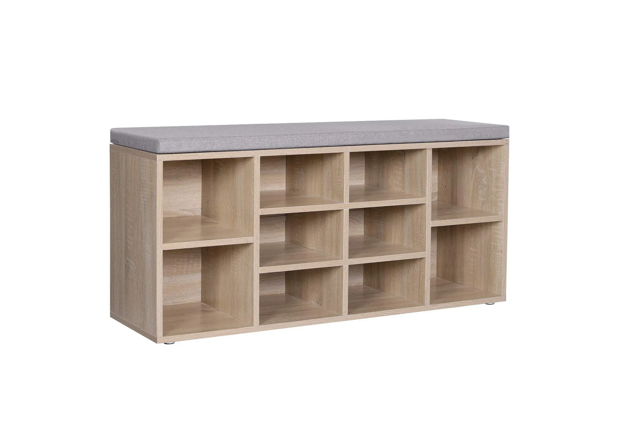 A wood storage bench with 10 compartments from EZ Livings Jojo range. Angled view of grey cushions seat top