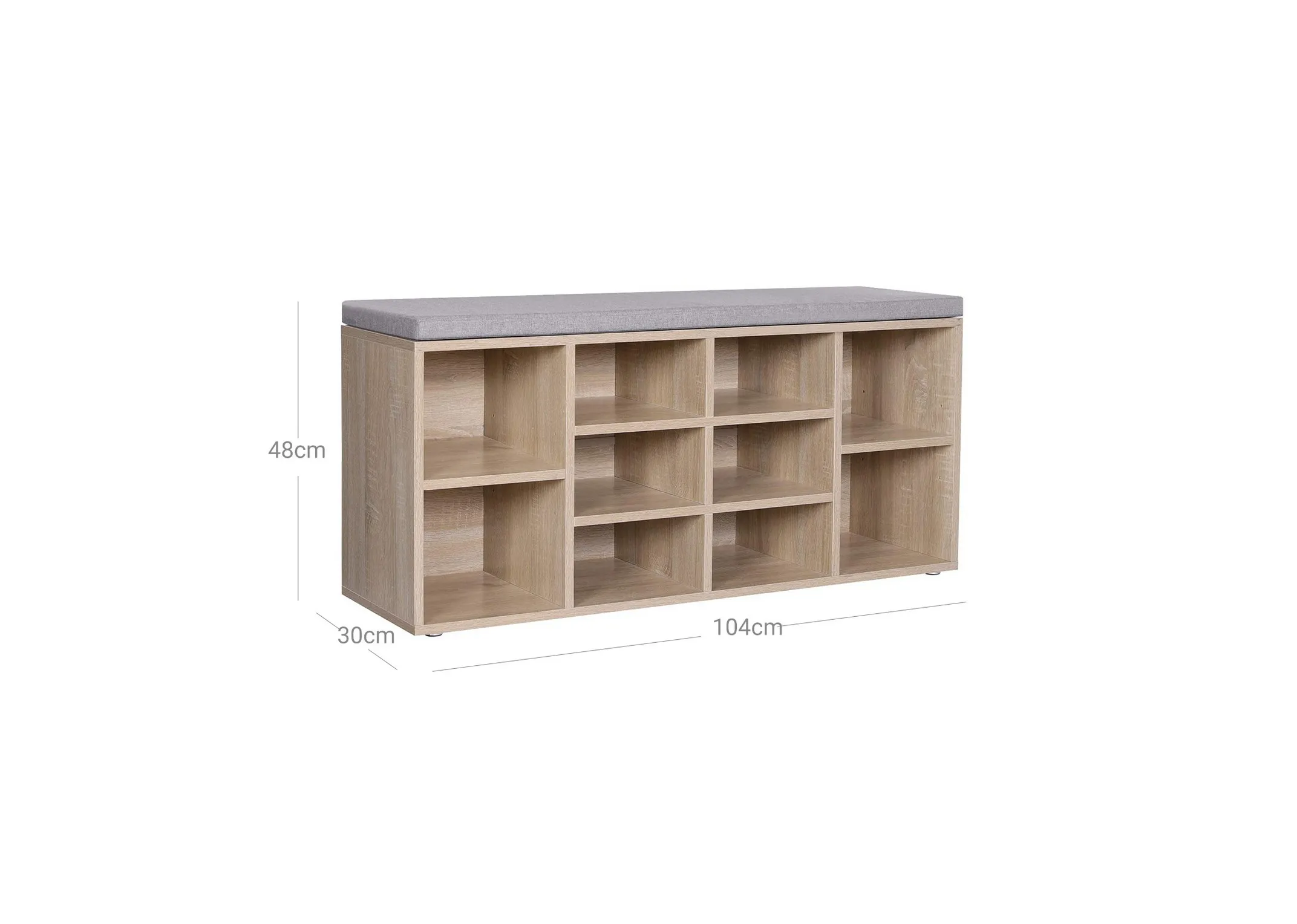 A dimension image of the Jojo Shoe storage bench with 104cm x 30cm x 48cm