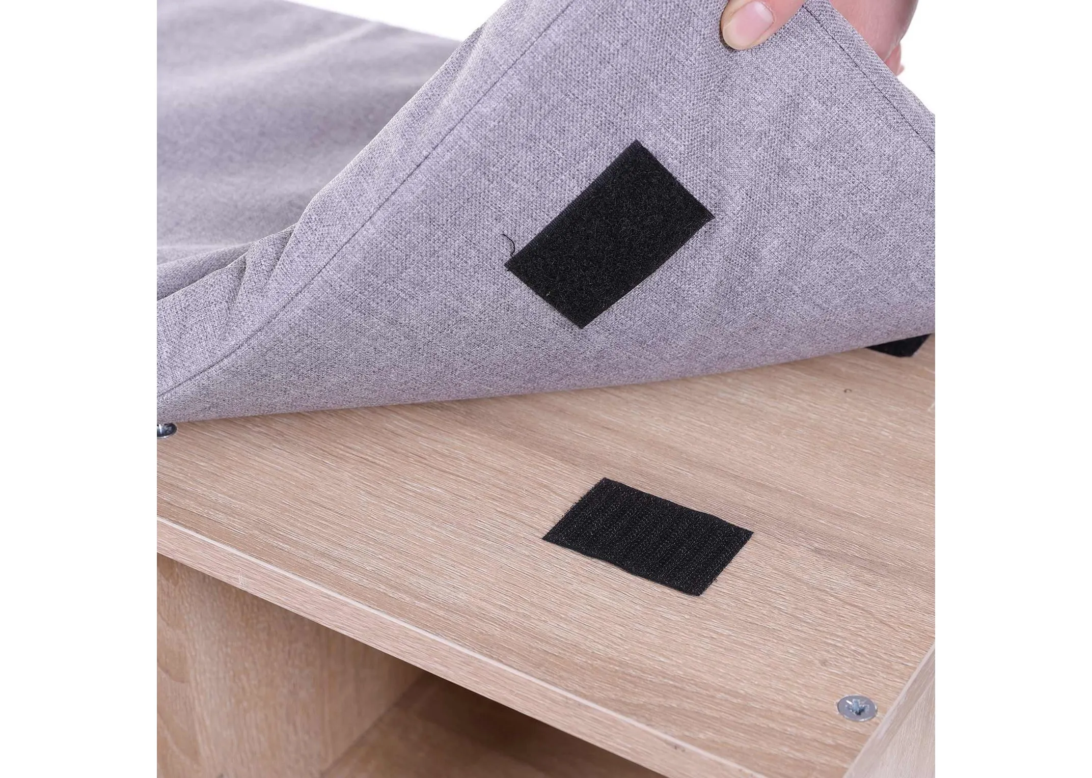 A wood storage bench with 10 compartments from EZ Livings Jojo range. Front view of removeable shelf dividers