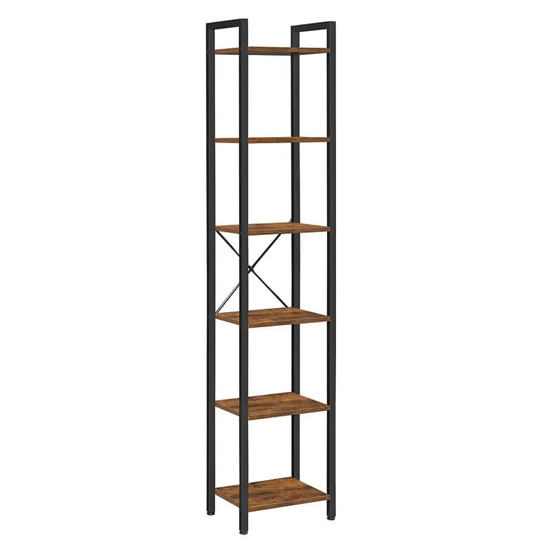 A 6 tier rustic wood display unit with metal framework from EZ Livings Bourbon range. Angled view shows supportibe frame.