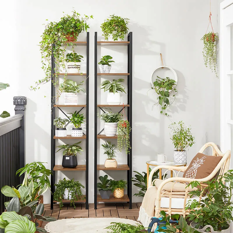 A lifestyle image 2 of the Bourbon shelving unit holding all the plants and planters side by side.