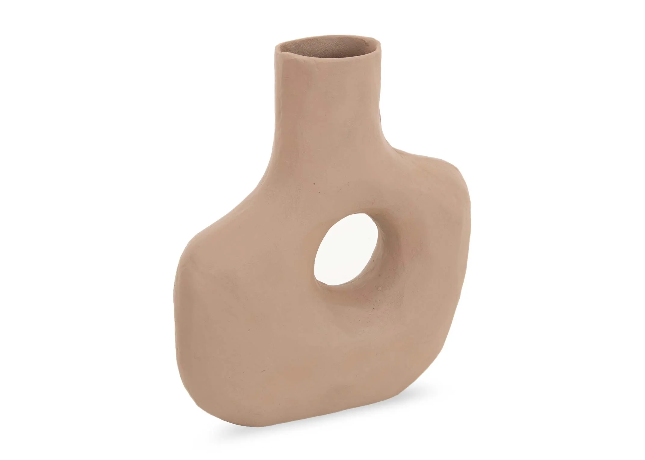 A light brown vase with hole from EZ Livings Deco range. Angled view of abstract shape.