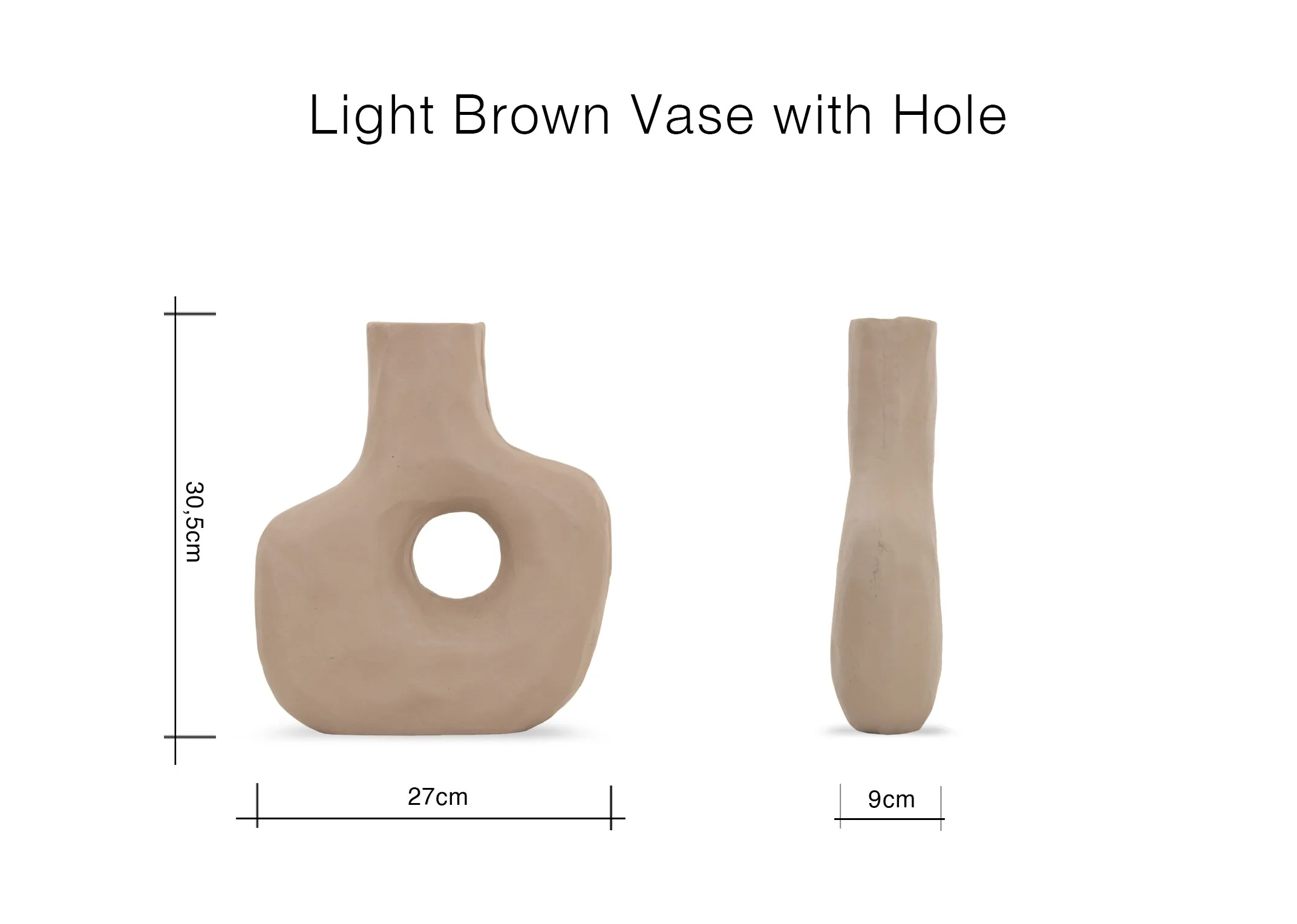 A dimension image of the Light Brown Vase with Hole with 27cm x 5cm x 30.5cm