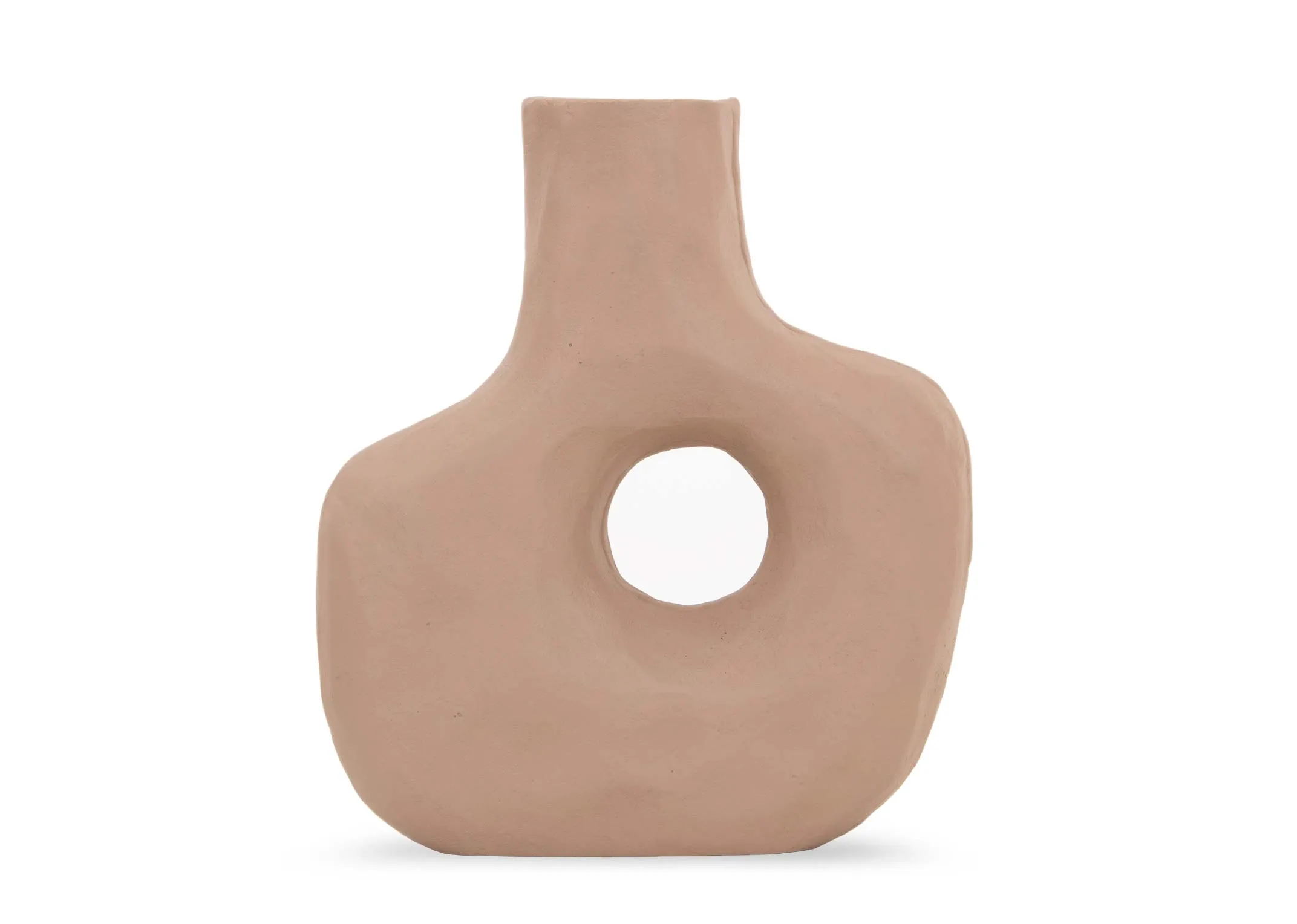 A light brown vase with hole from EZ Livings Deco range. Front view of hole in centre of vase