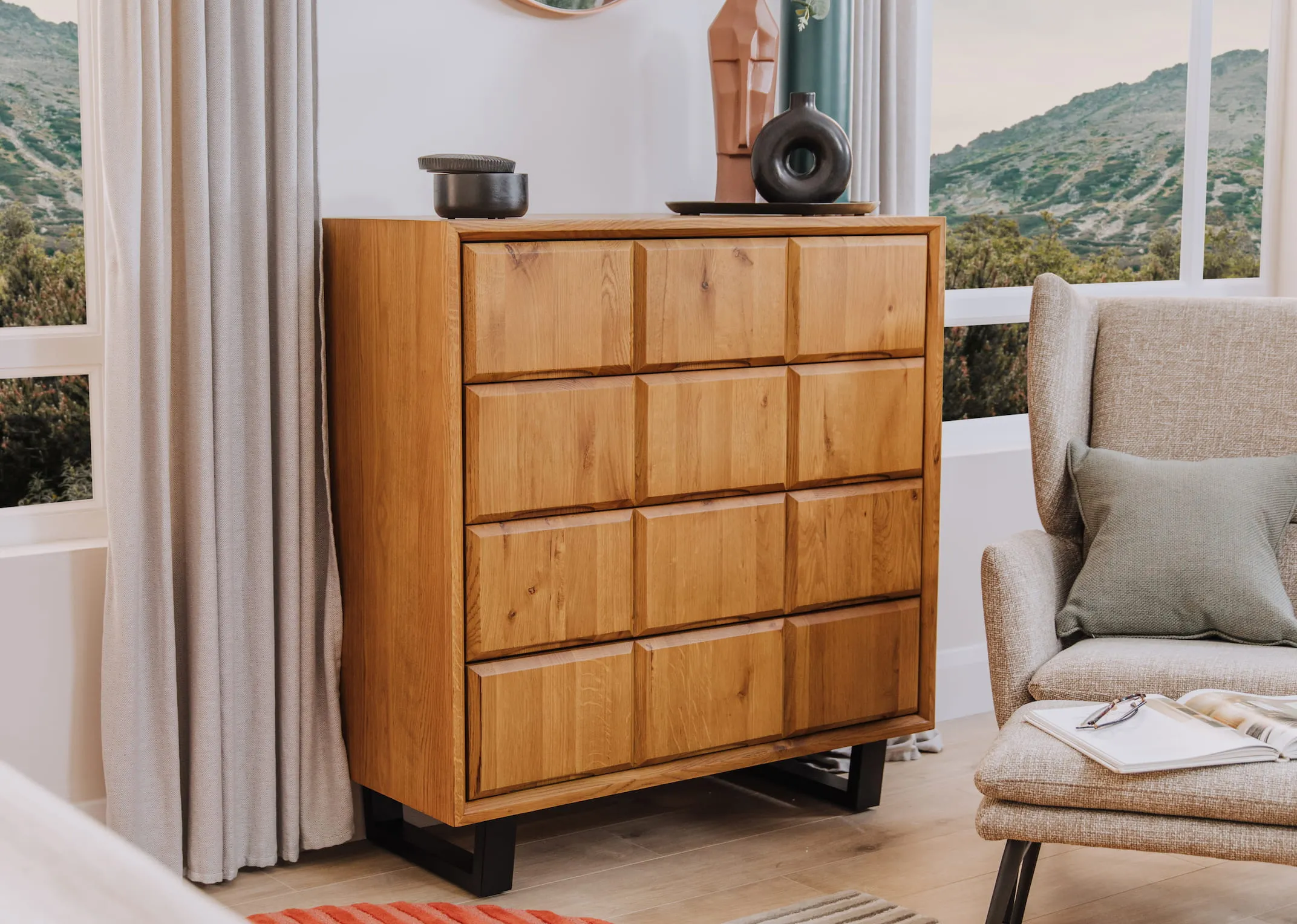 A strasbourg dresser in a bedroom setting with Vito black vase