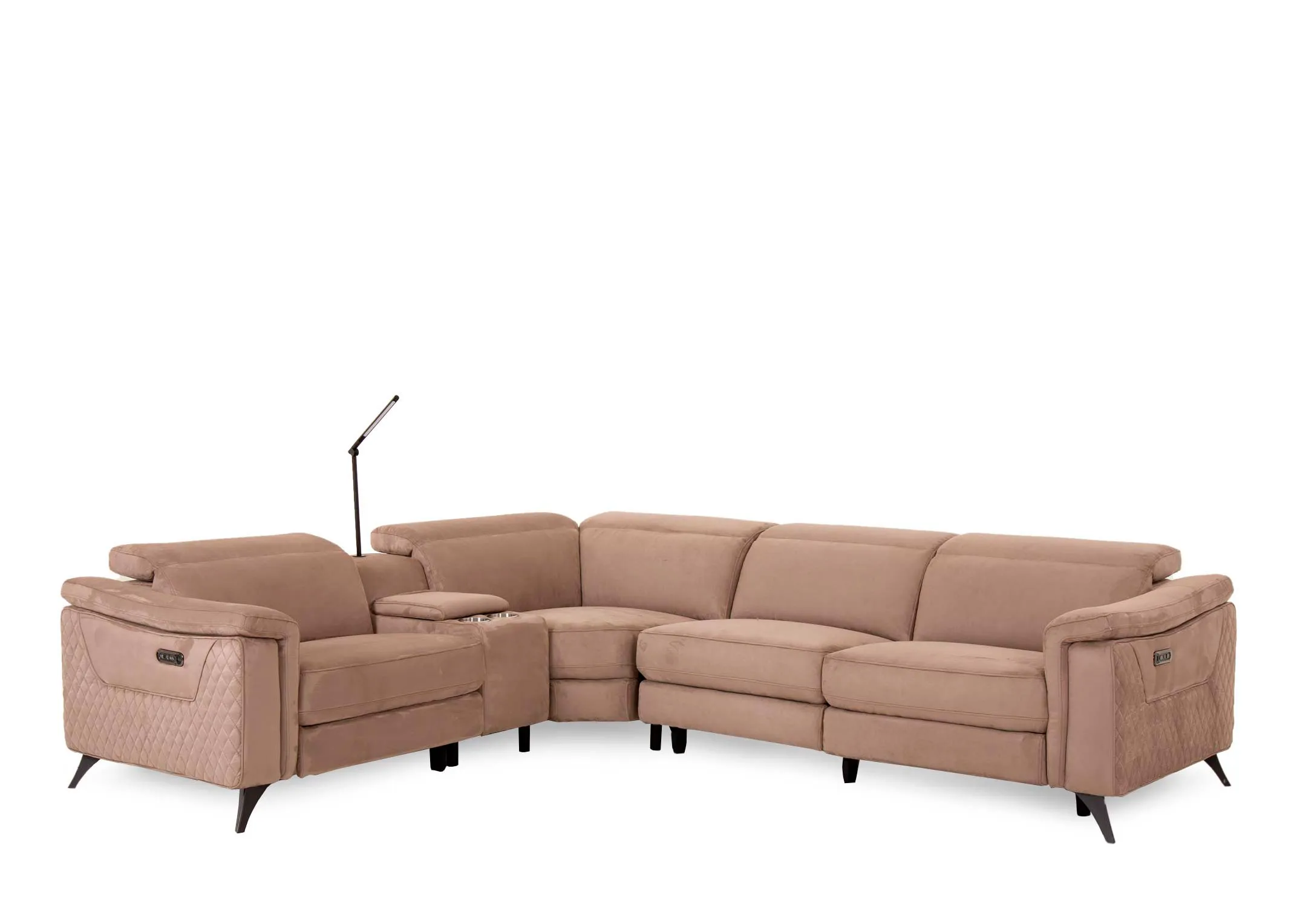A taupe fabric power reclining corner sofa from EZ Livings Bellissimo range. Angled view of large recliner corner seat and 2 seater