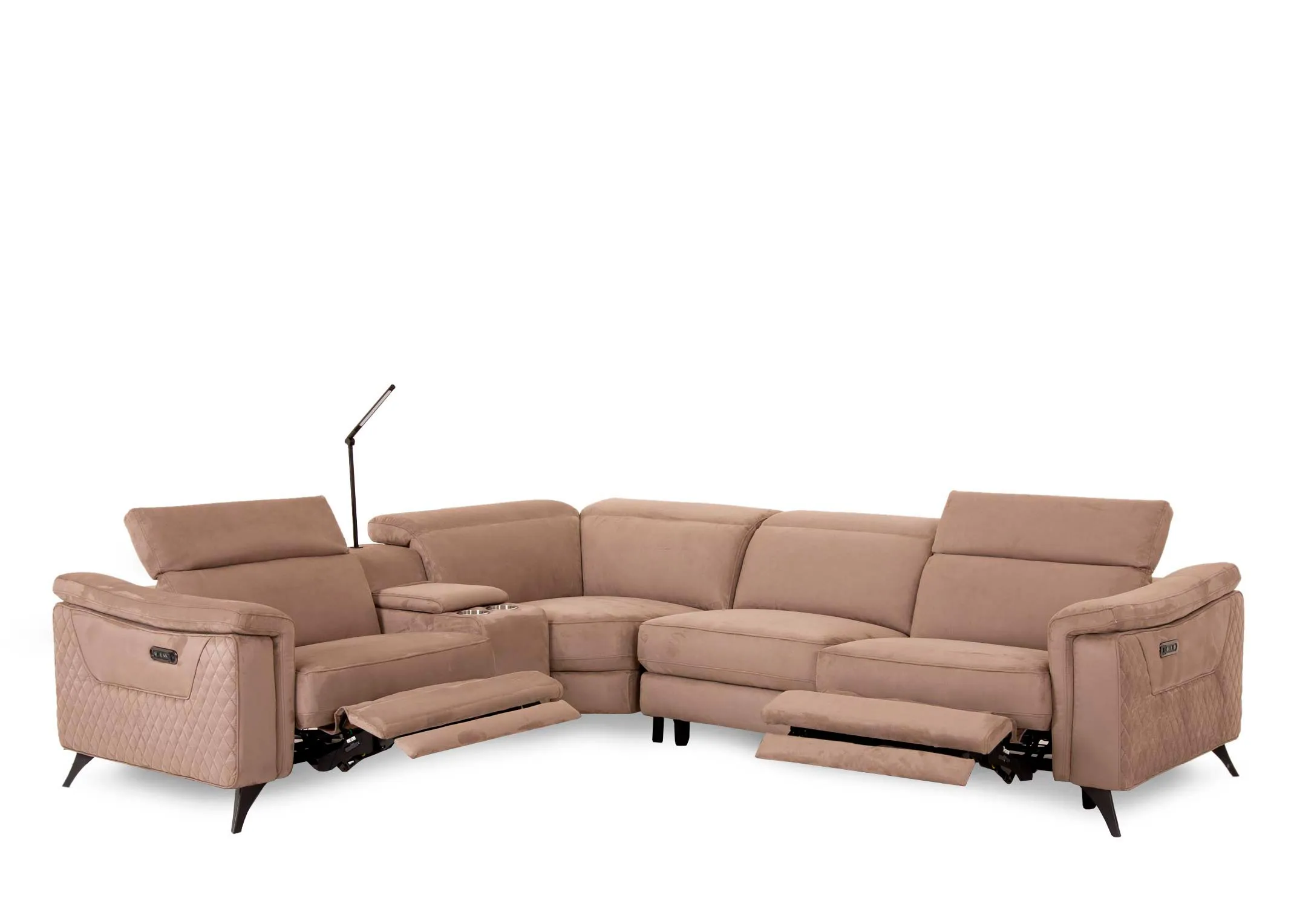 A taupe fabric power reclining corner sofa from EZ Livings Bellissimo range. Angled view with 2 recliner seats and tilts fully open