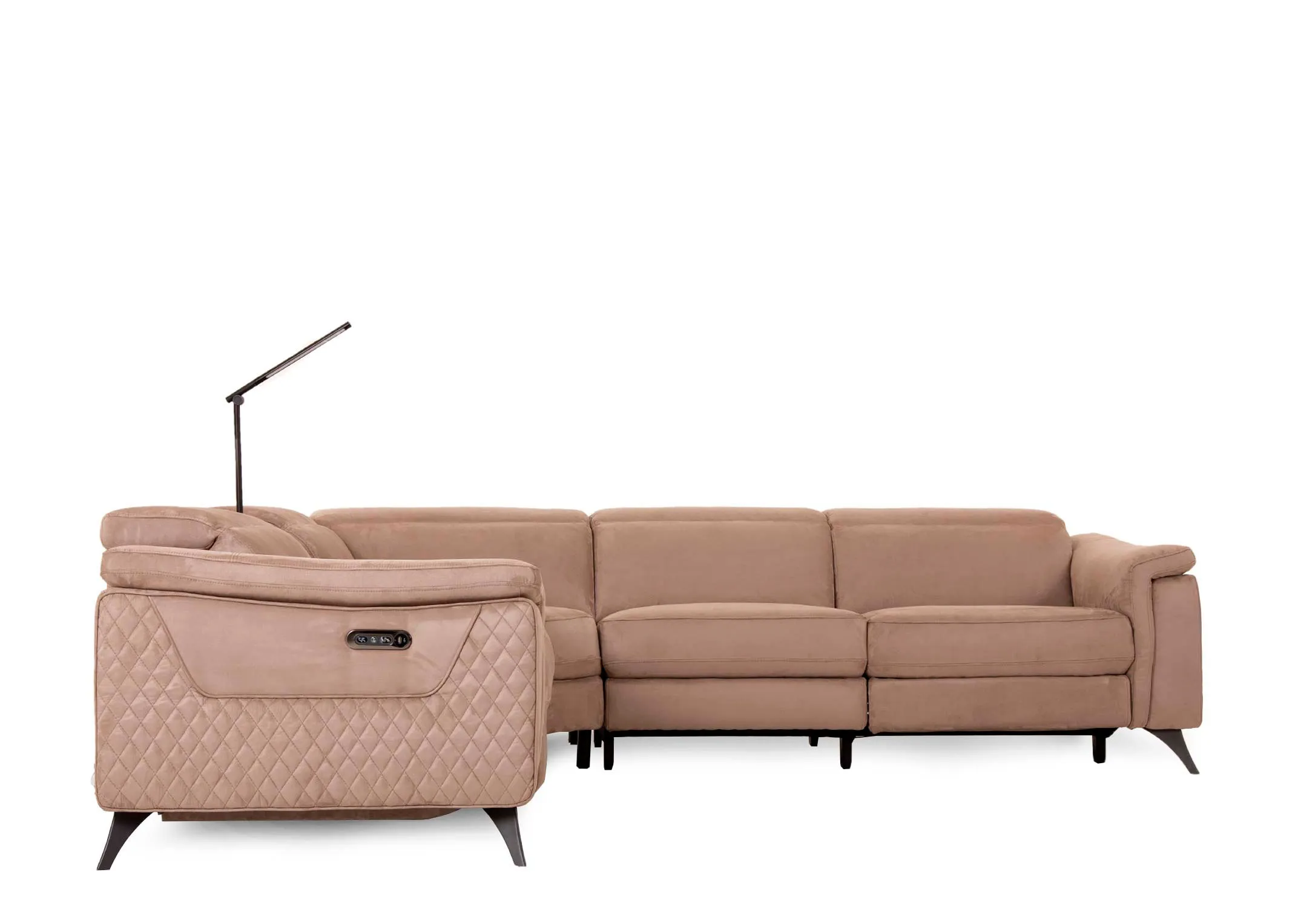 A taupe fabric power reclining corner sofa from EZ Livings Bellissimo range. Side veiw with head tilts down