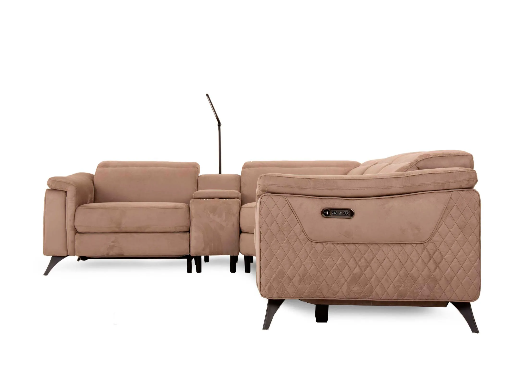 A taupe fabric power reclining corner sofa from EZ Livings Bellissimo range.  reverse side of pattern and remote on either side