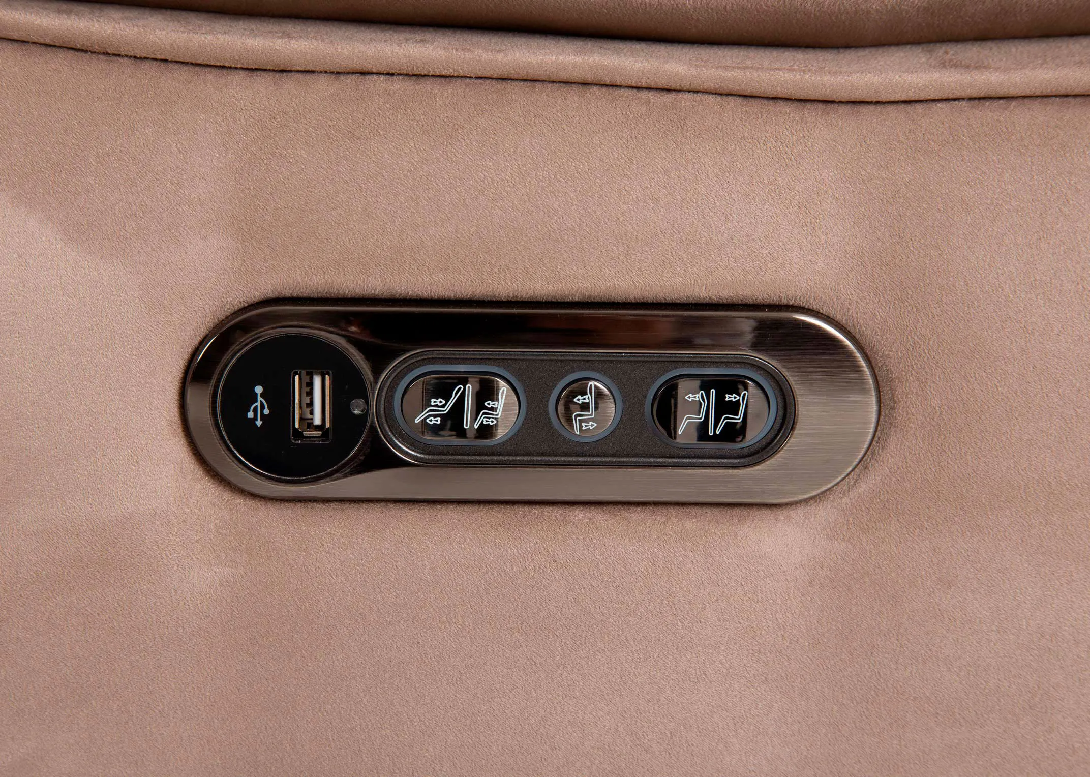 A taupe fabric power reclining corner sofa from EZ Livings Bellissimo range. Closeup of usb function on control panel