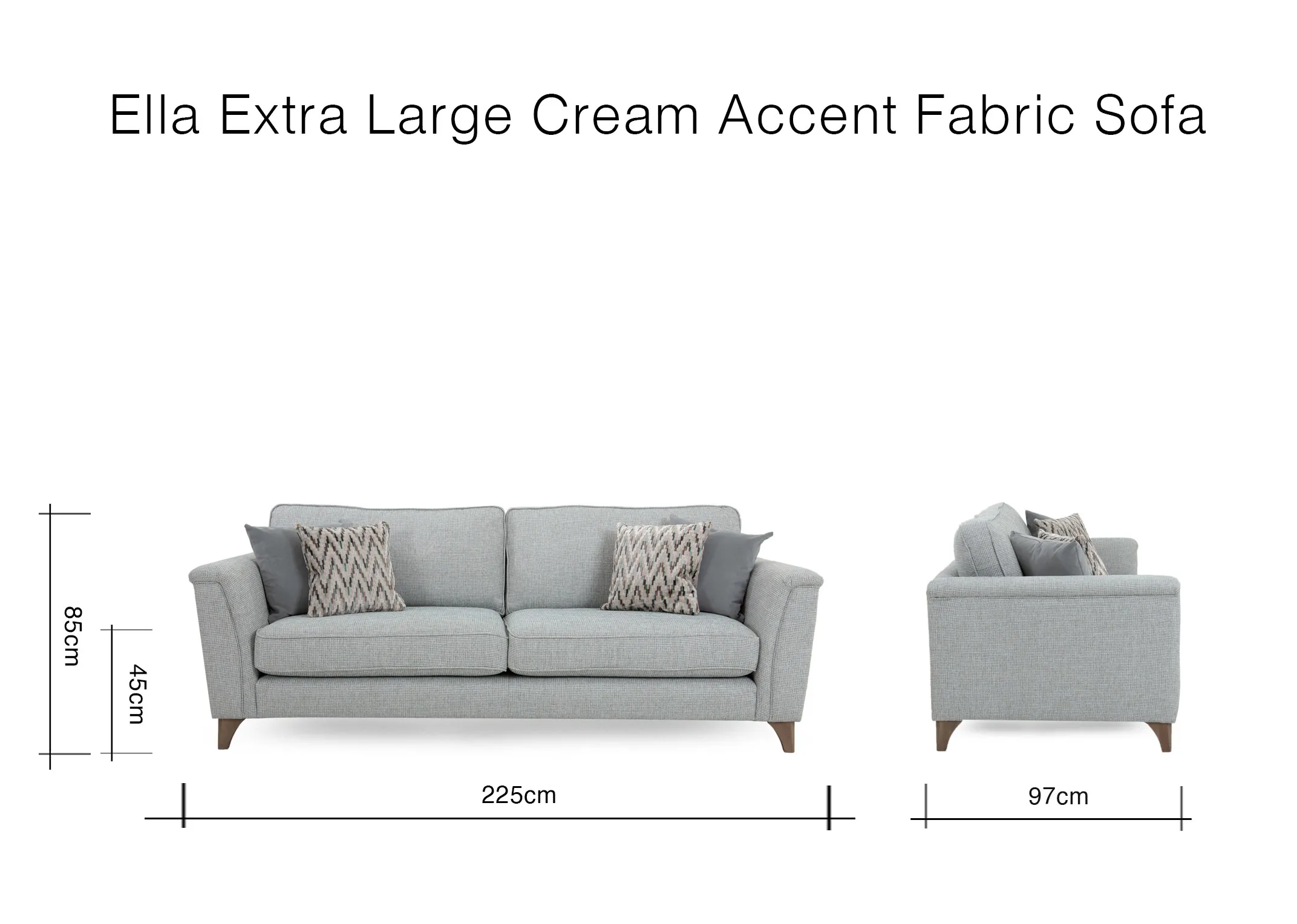A dimension image of the Ella 4 Seater sofa with 225cm x 97cm x 85cm
