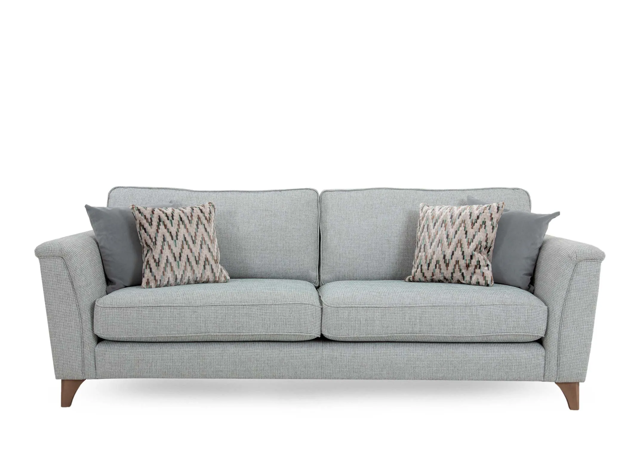 A light blue accent fabric 4 seater sofa from EZ Livings Ella range. Back view of solid frame