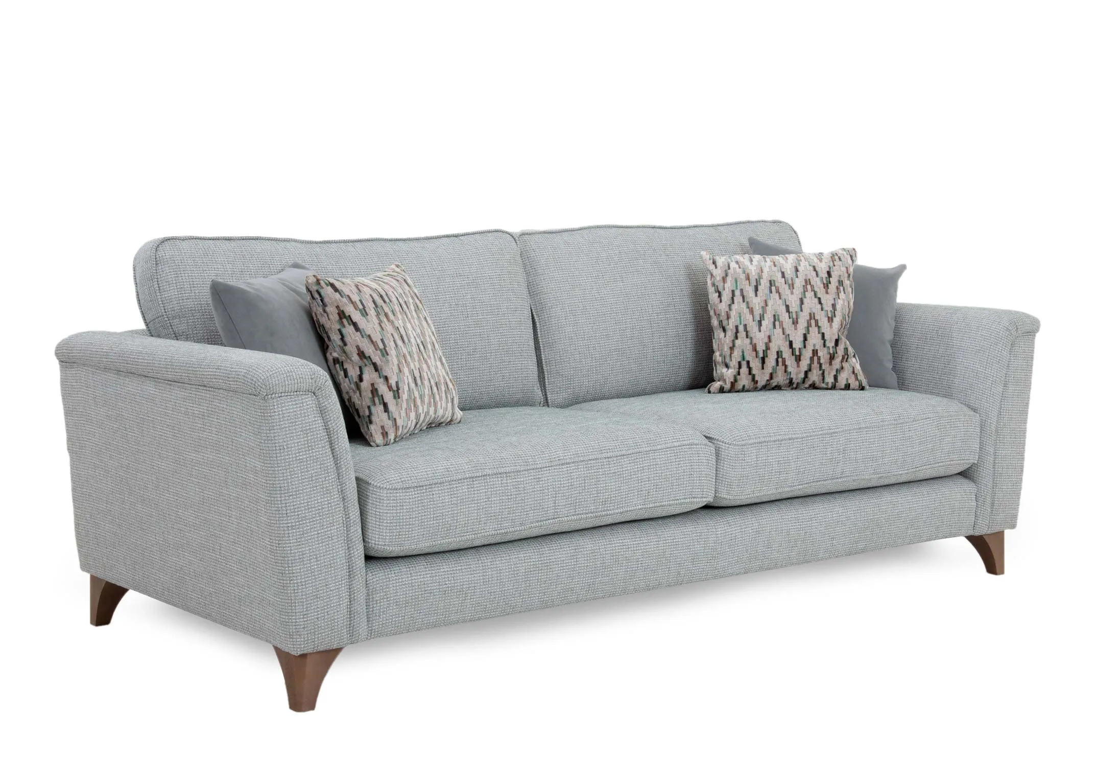 A light blue accent fabric 4 seater sofa from EZ Livings Ella range. Angled view of scatter cushions