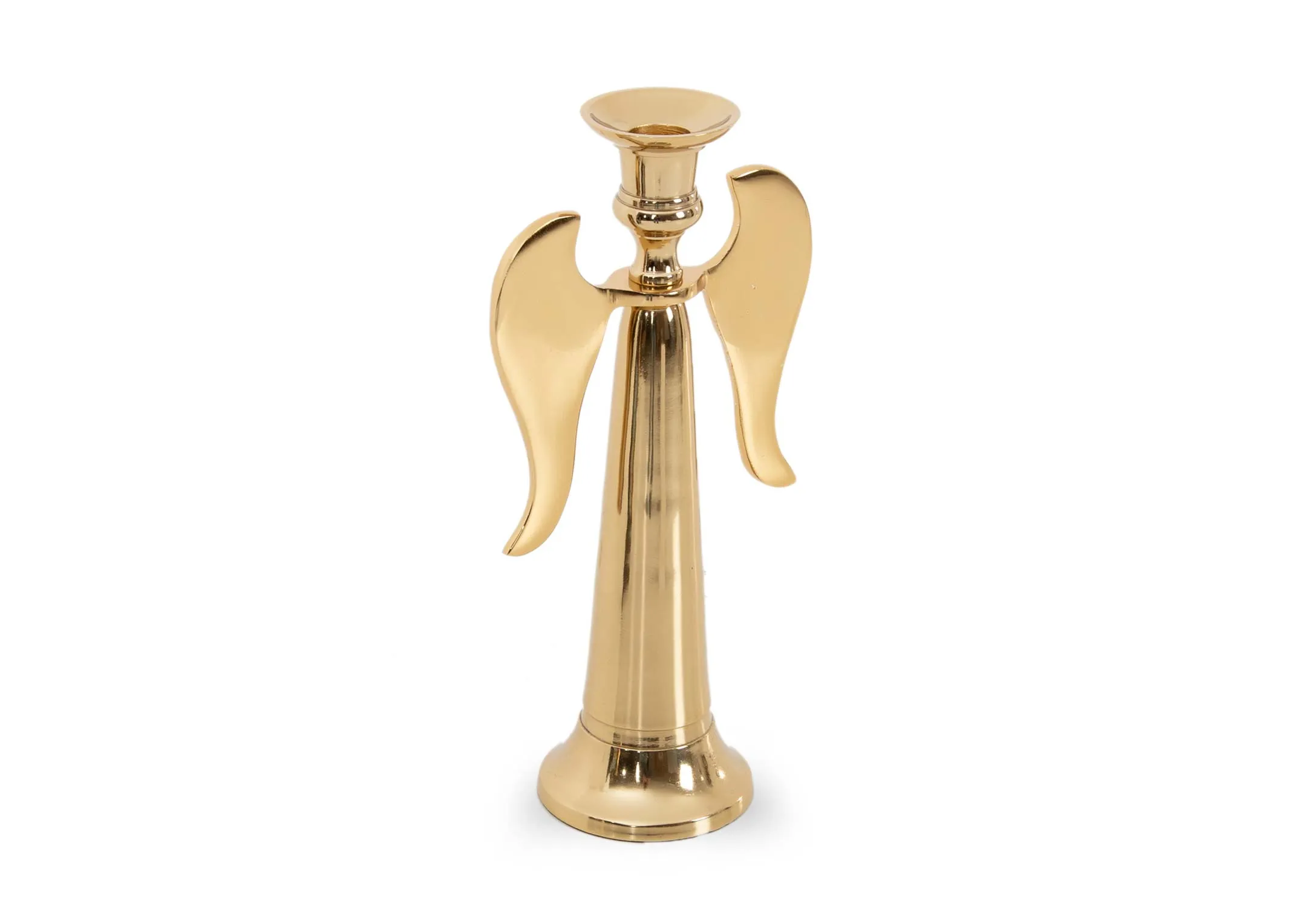 A small angel gold candle holder from EZ Livings Christmas range. Angled view of gold metal wings.