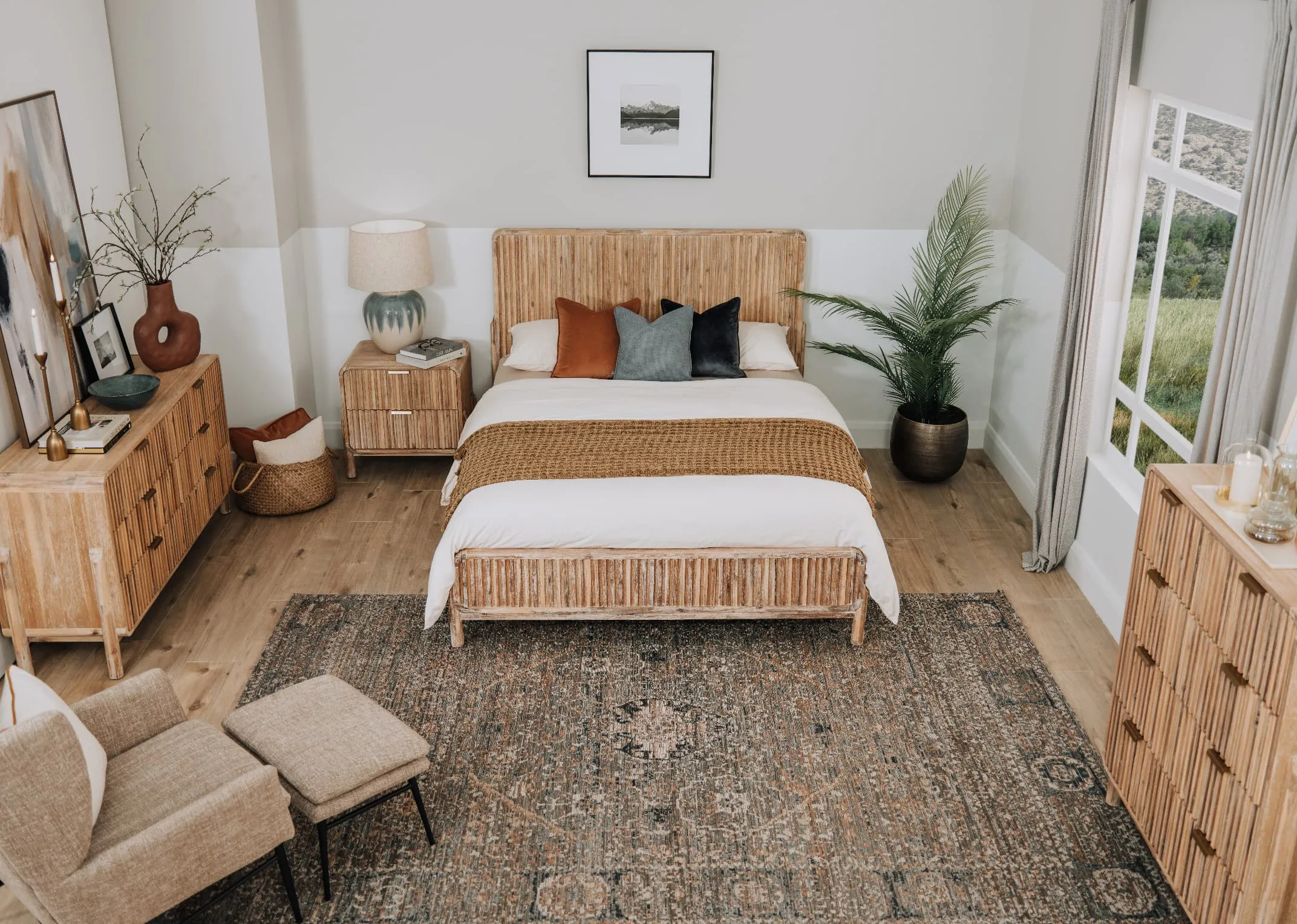 A lifestyle image of the Milo 5ft bed with locker dresser and tallboy with maxima rug.