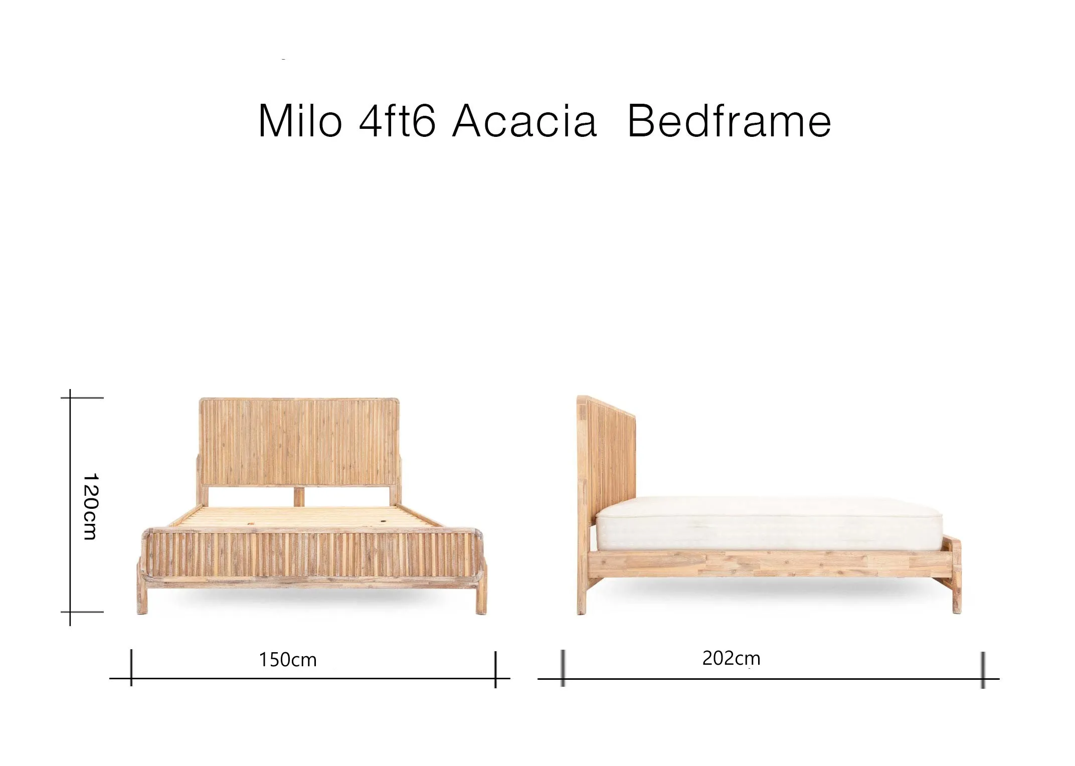 A dimesnion image of the Milo 4ft6 Bedframe with 150cm x 202cm x 120cm