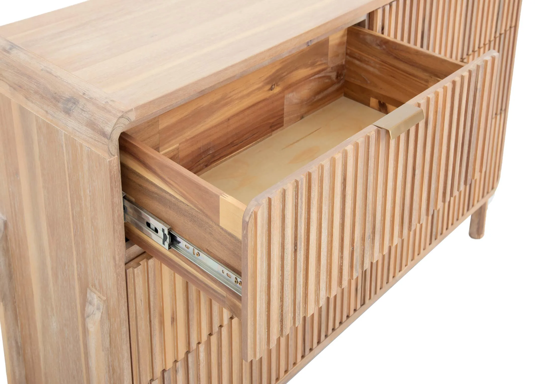 A 6 drawer acacia dresser from EZ Livings Milo range. Closeup of open drawer showing ample space