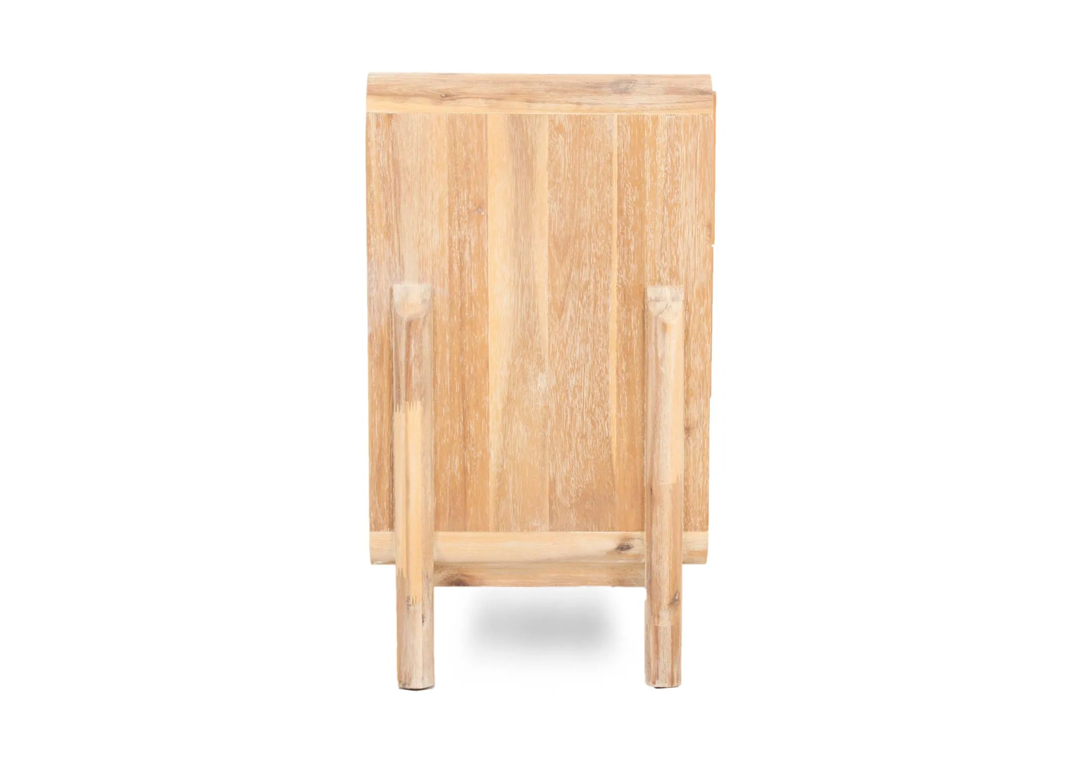 A 6 drawer acacia dresser from EZ Livings Milo range. Side veiw of high wood legs and distressed finish