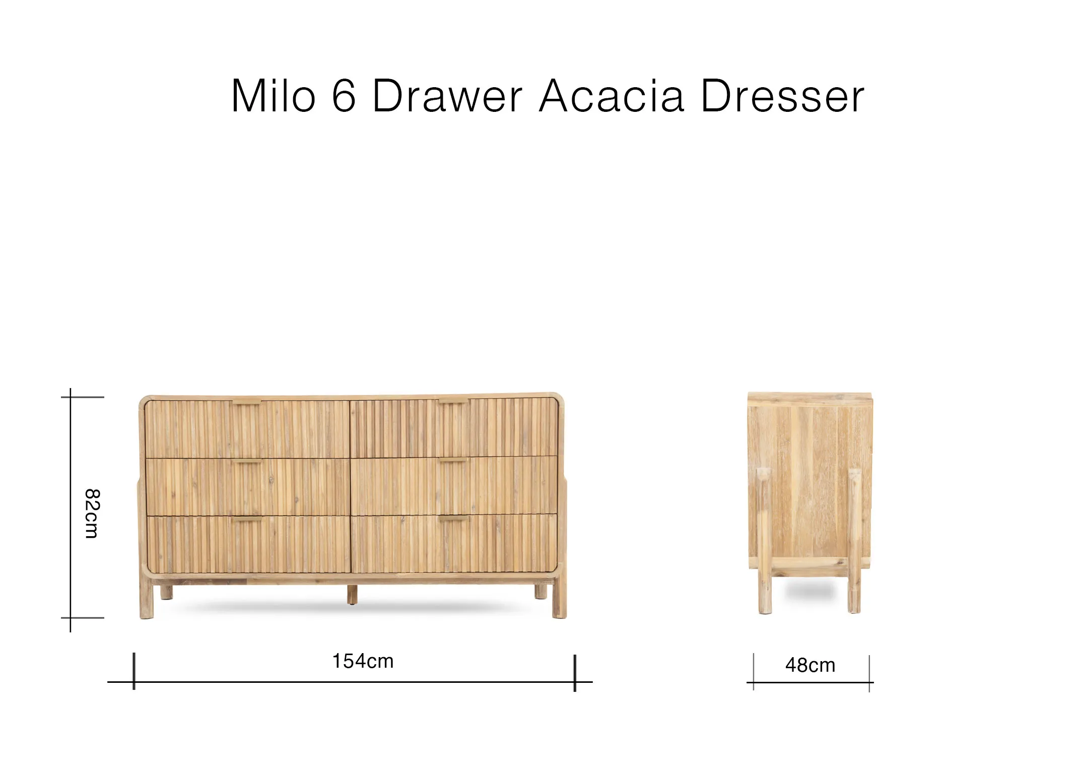 A dimension image of the Milo 6 Drawer Dresser with 154cm x 48cm x 82cm