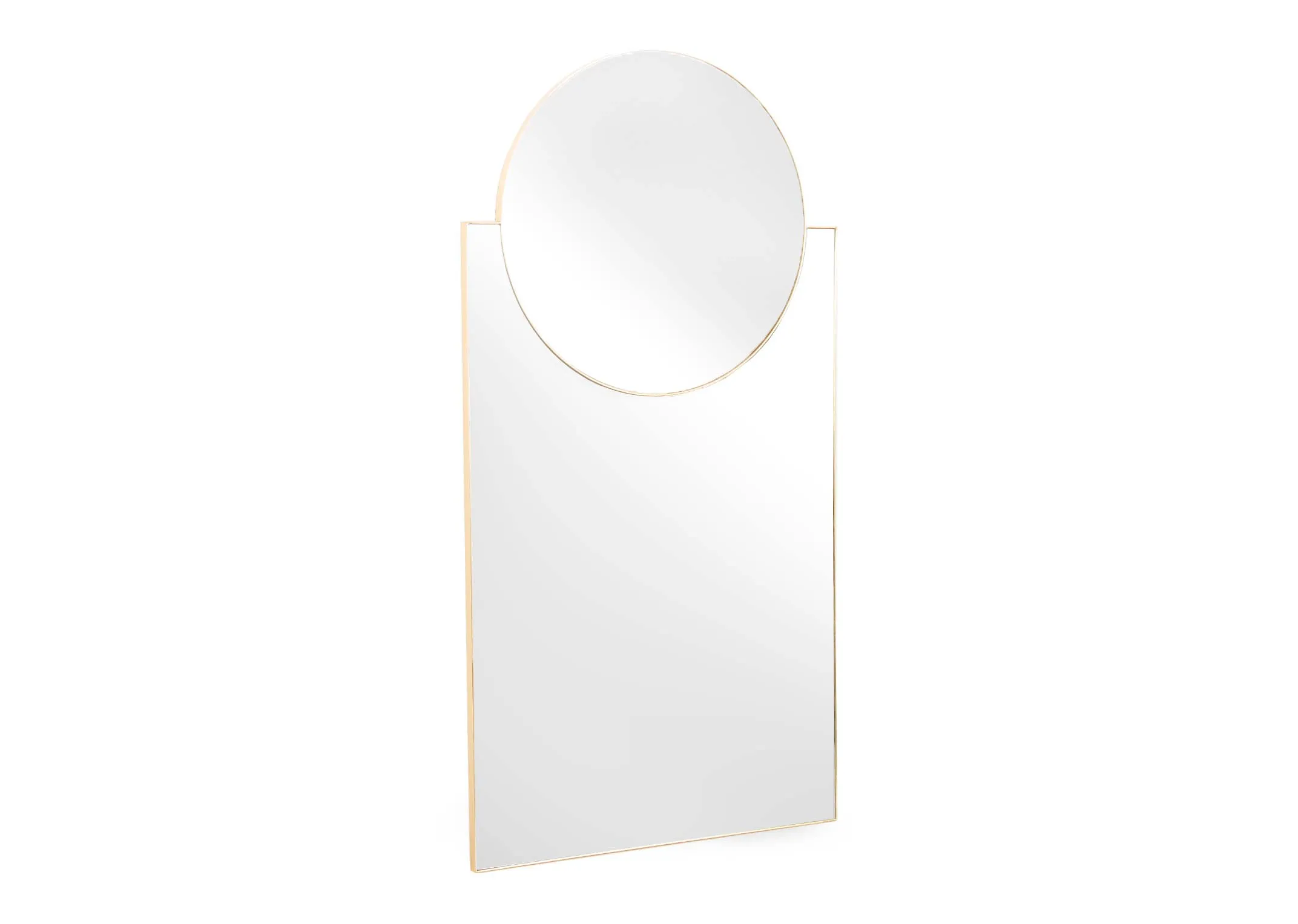 A gold tall mirror with circular top from EZ Livings Calista range. Angled view