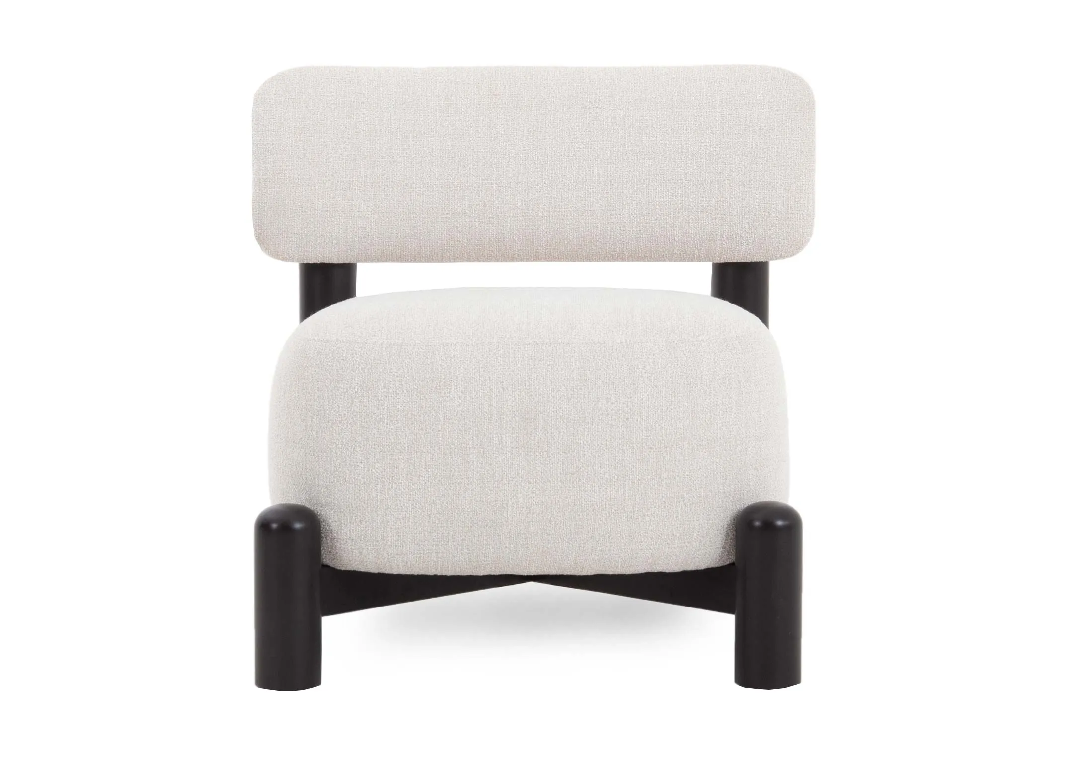 A cream fabric accent chair from EZ Livings Ember range. Back view of black wooden frame.