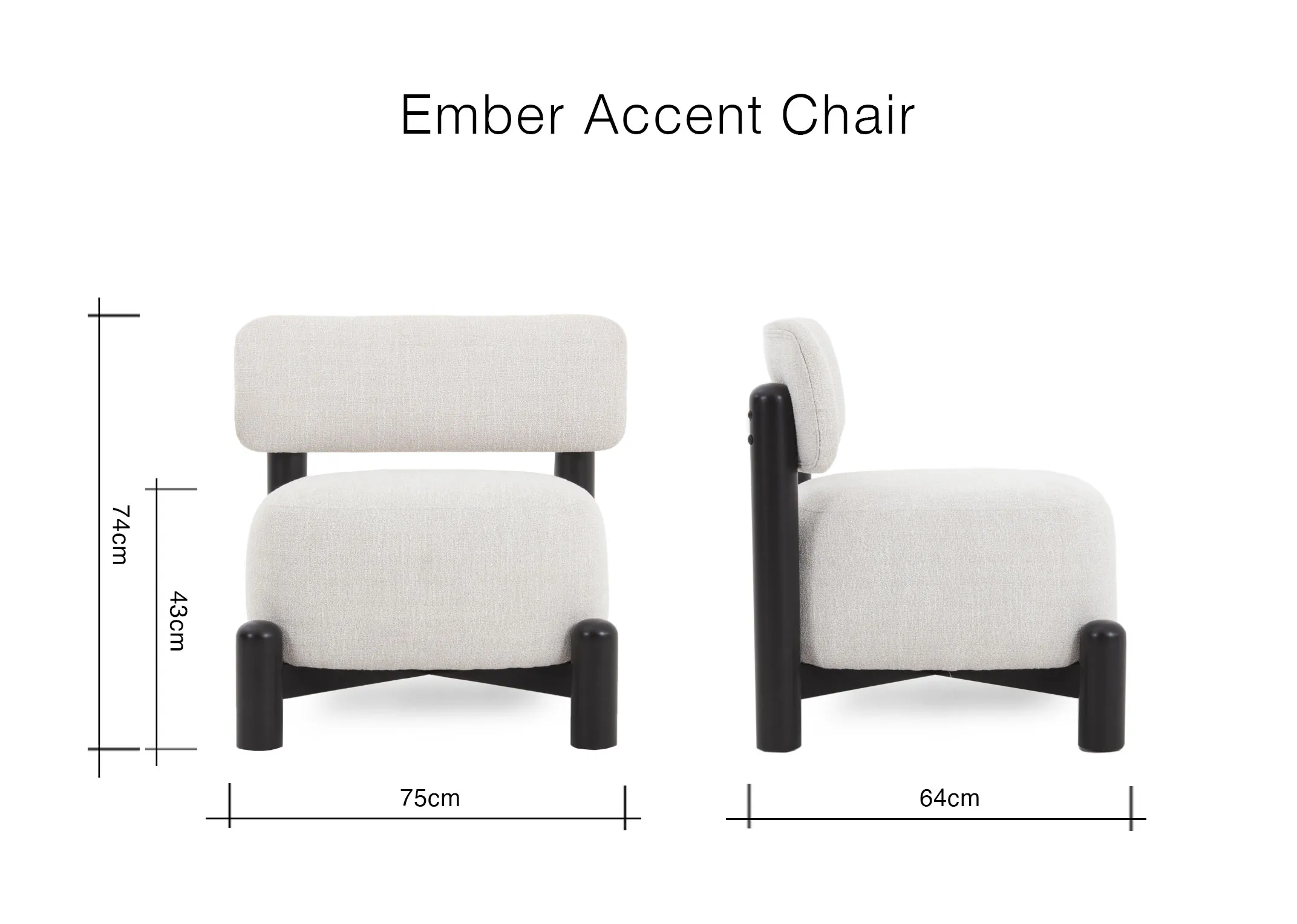 A dimension image of the Ember Accent Chair with 75cm x 64cm x 75cm