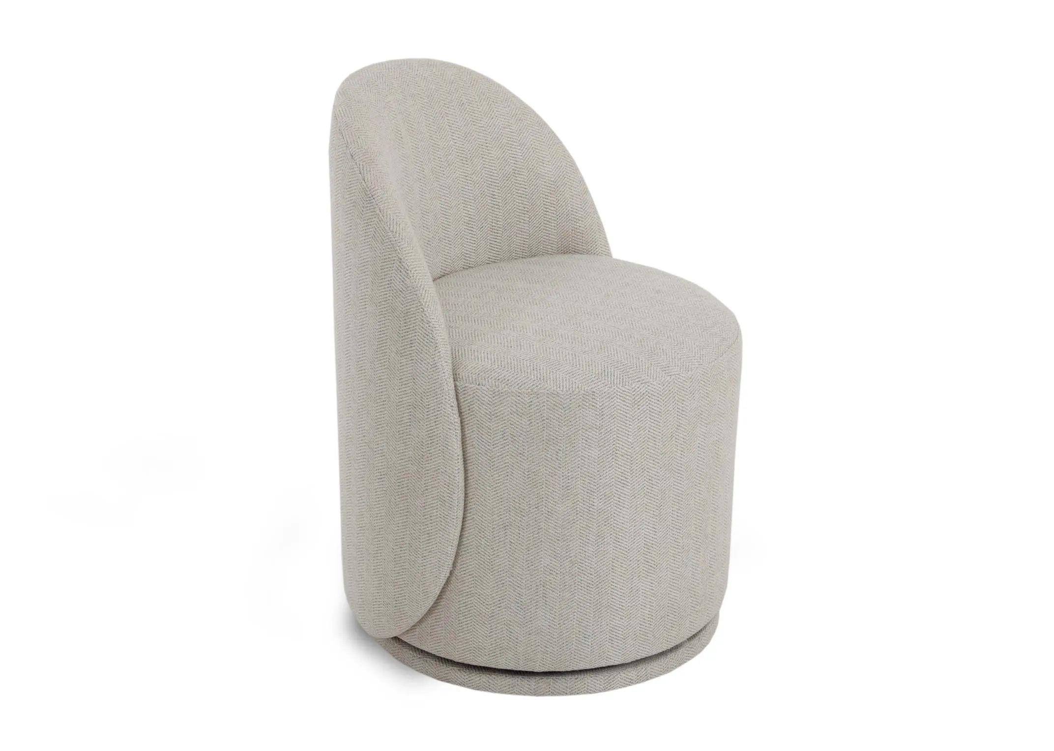 A cream fabric swivel chair from EZ Livings Marion range. Angled view of round base and arched back.
