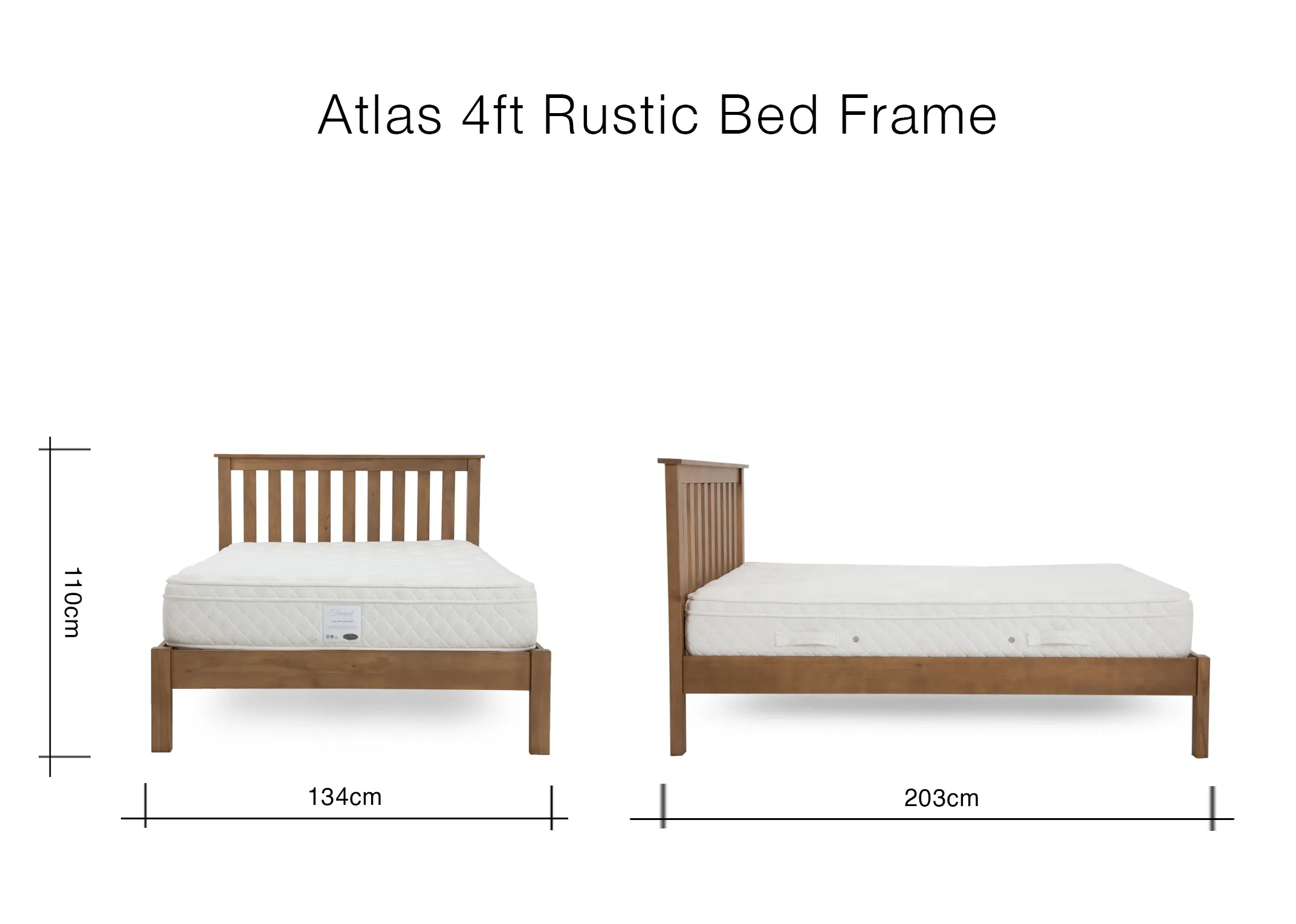 A dimension image of the Atlas Rustic 4ft Bed with 134cm x 203cm x 110cm