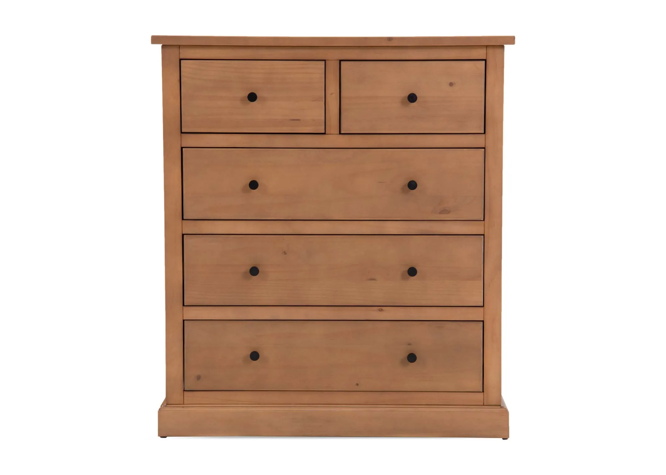 A 5 drawer rustic chest from EZ Livings Atlas range. Front view of small round handles.