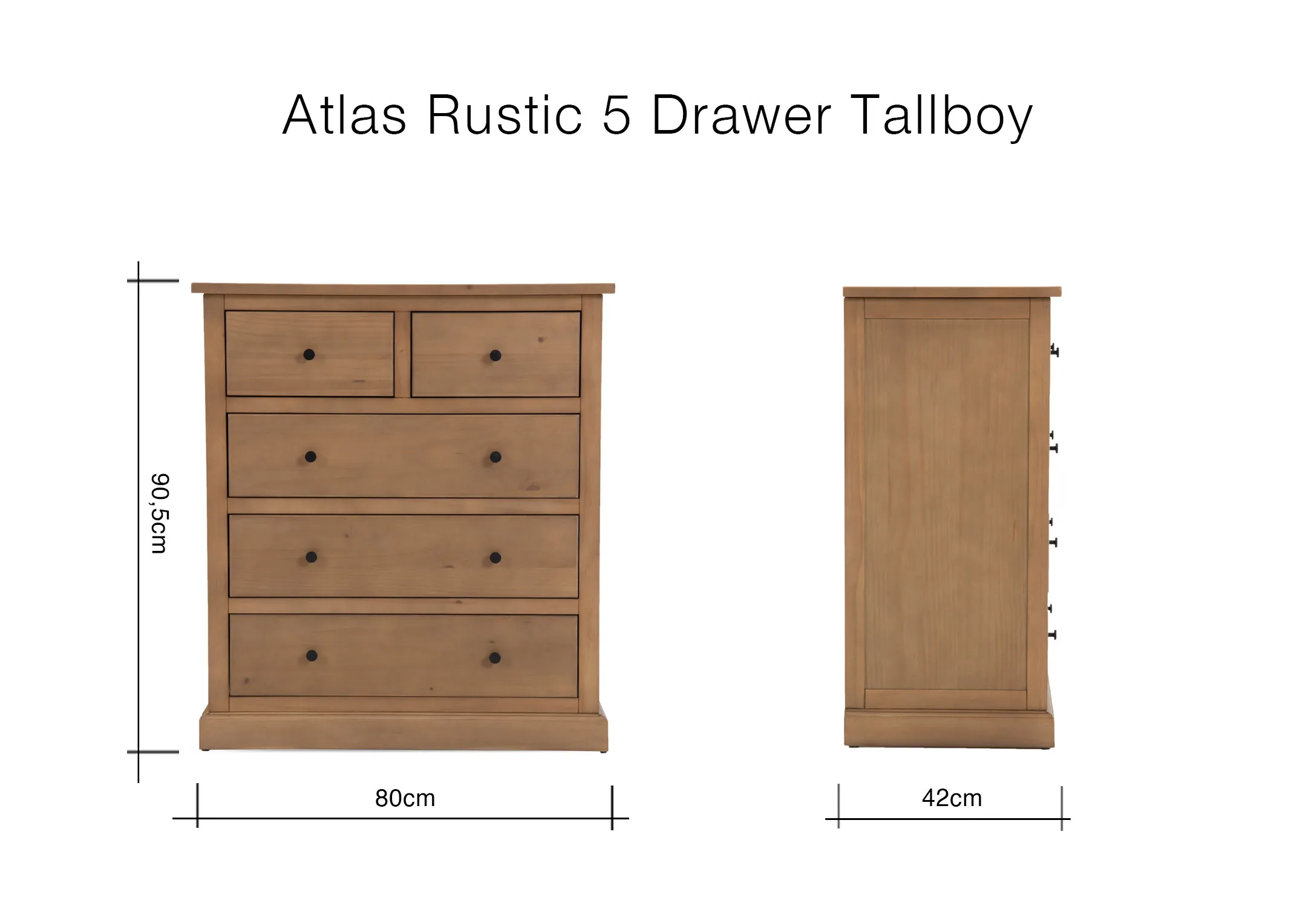 A dimension image of the Atlas Tallboy with 80cm x 42cm x 90.5cm
